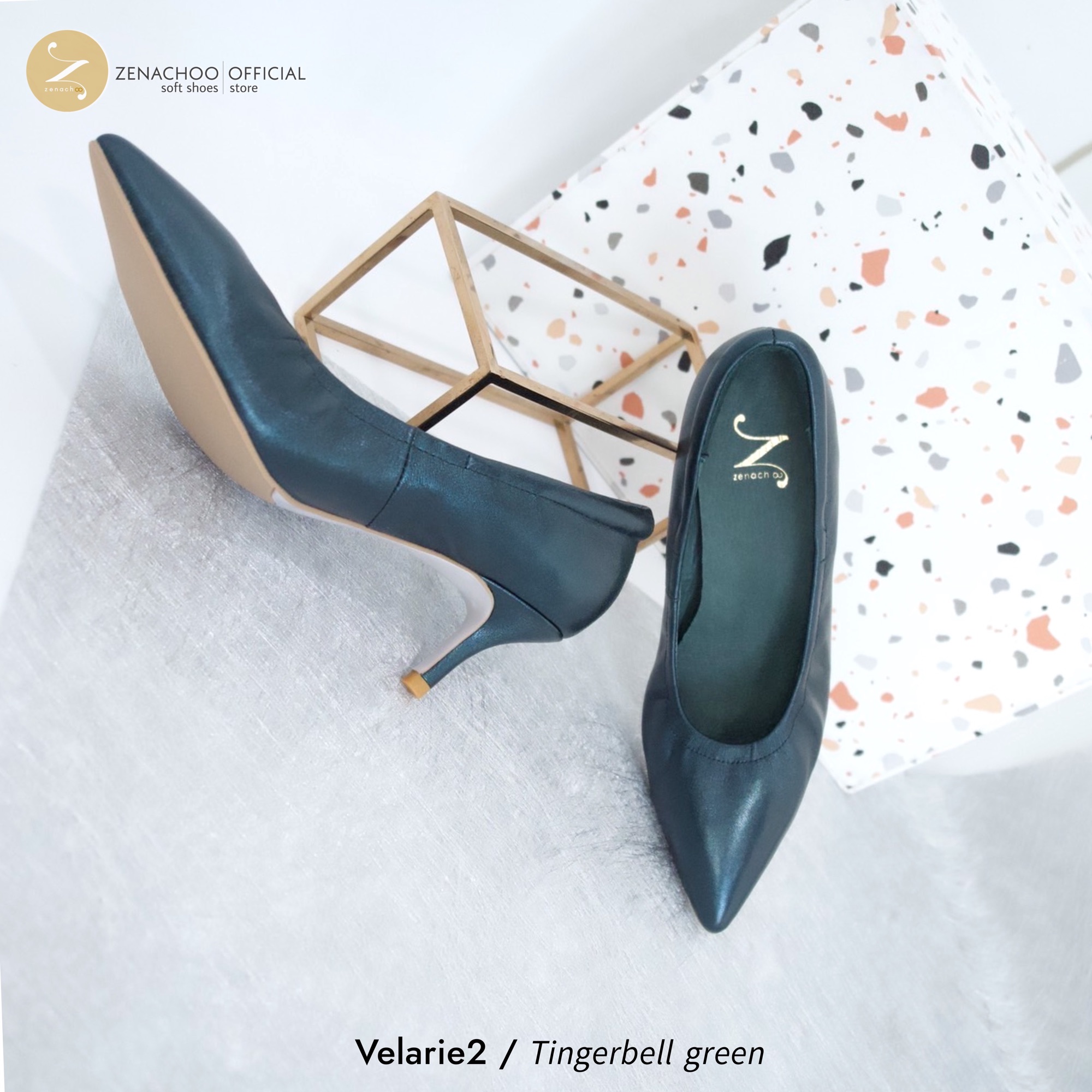 ทรงปกติ เปลี่ยนไซส์ได้-ไม่รับคืน::รุ่นขายดี Zenachoo Velarie2 สูง 2 นิ้ว สี TingerBell Green รองเท้าหนังแกะแท้ หัวแหลมหน้ากว้าง