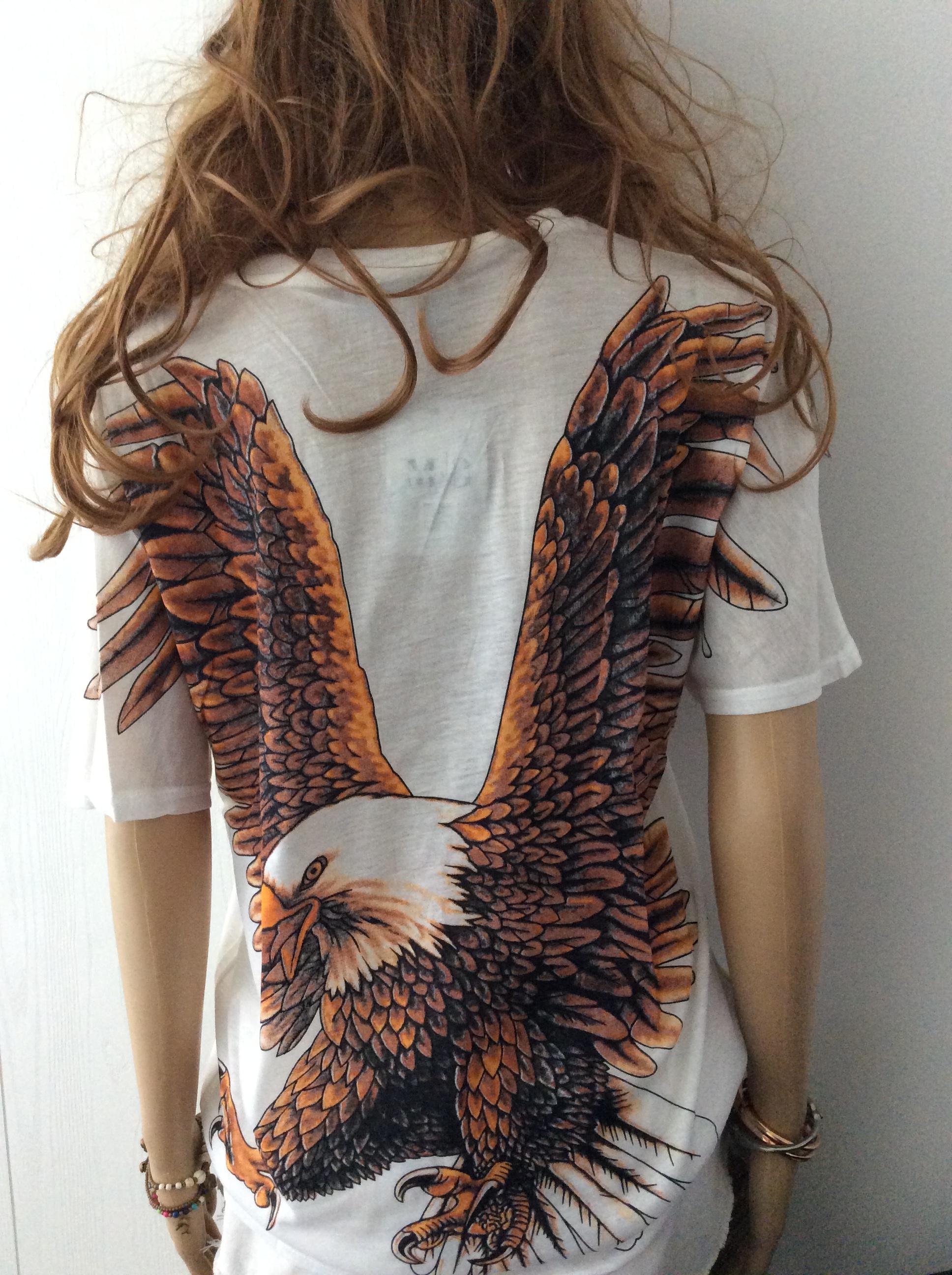 เสื้อยืด เสื้อมุ้งบางเฉียบ สกรีนลายนกอินทรีย์ ลายสกรีนหน้าหลัง