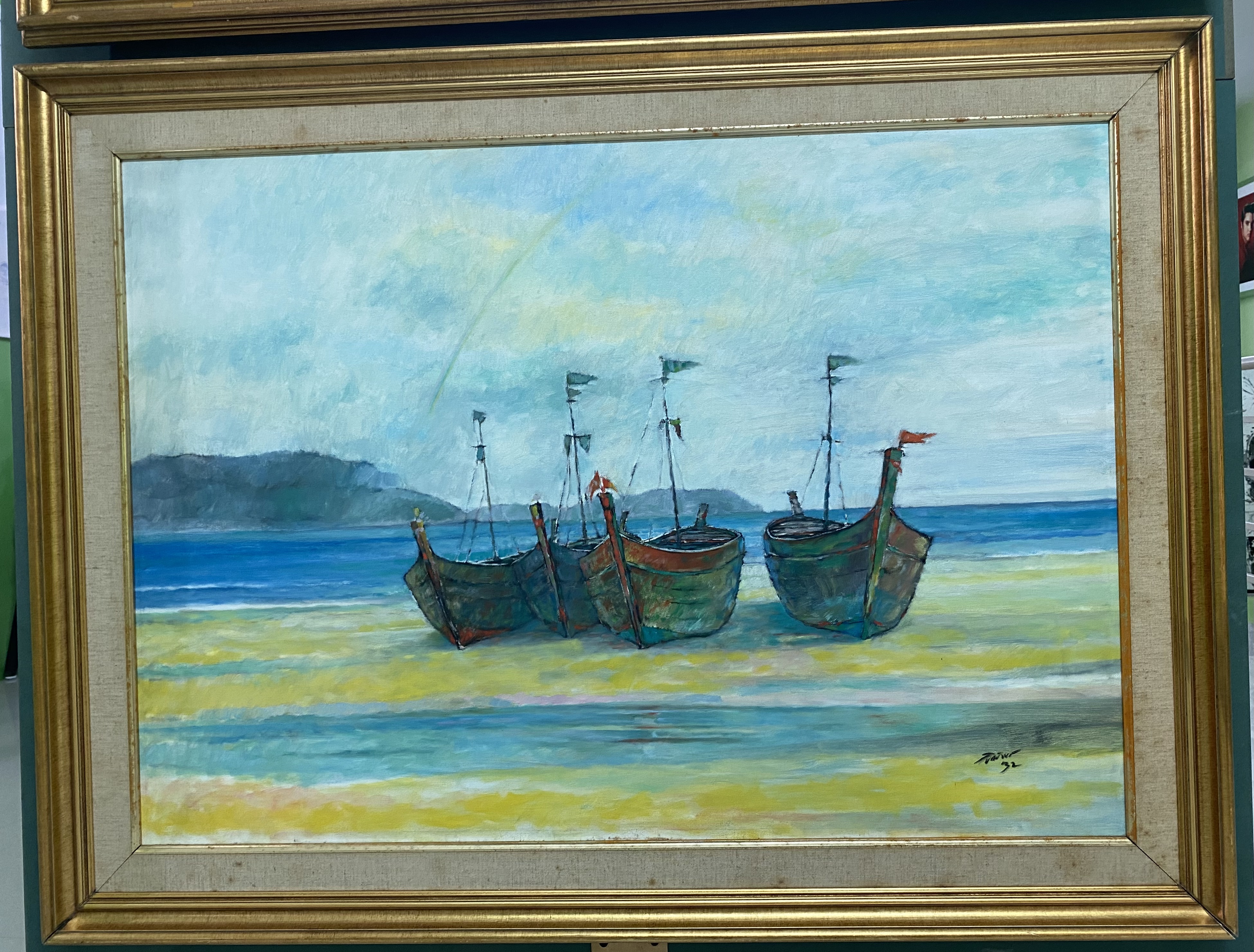 ภาพวาดสีน้ำมัน (เรือตังเก 4ลำ ) ผลงาน อิทธิพร ปี2532