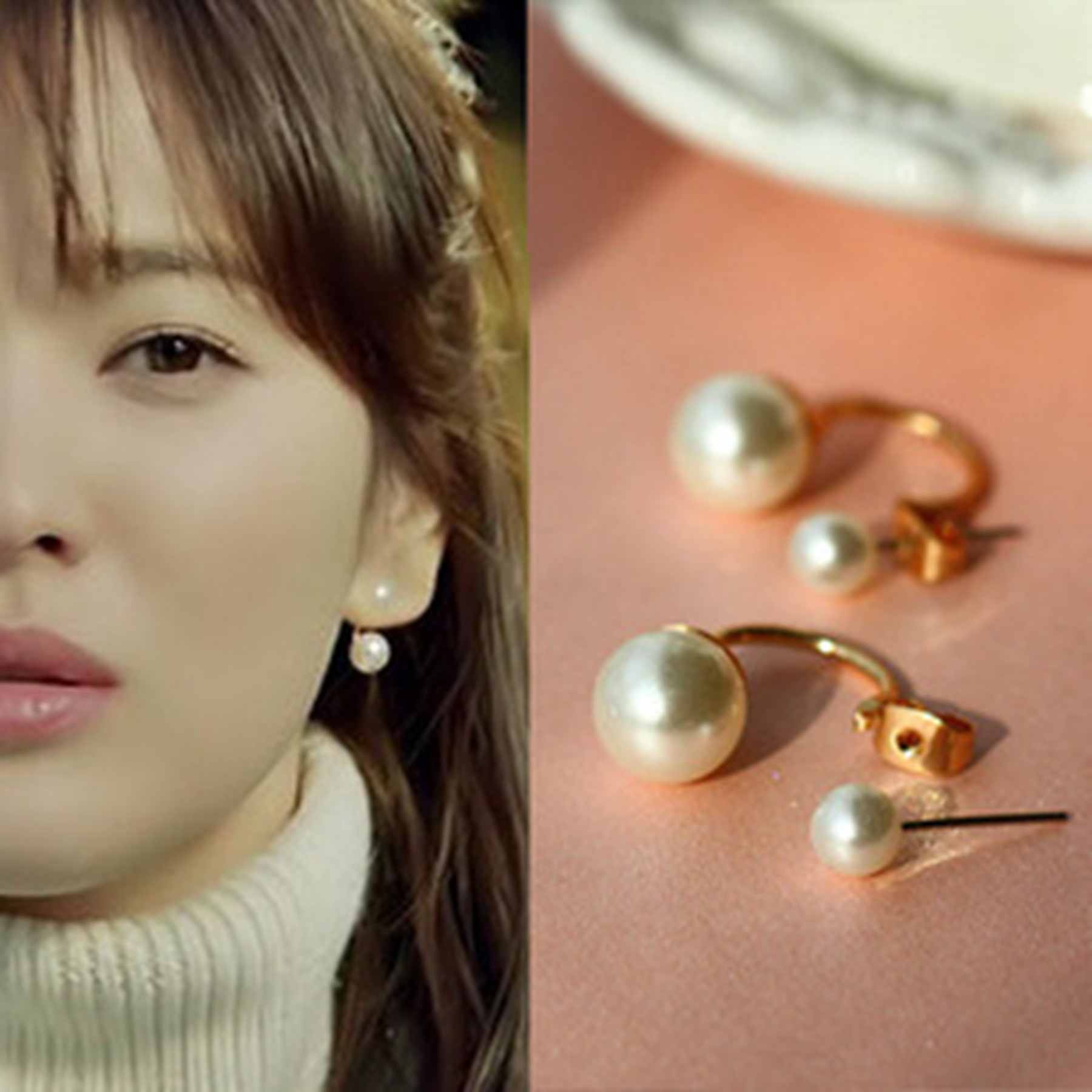 Best Seller แนะนำคร้า!!! ต่างหูสำหรับผิวแพ้ง่าย Double Pearl ต่างหูมุกสีขาว ใส่ได้ 2 แบบ_ET126
