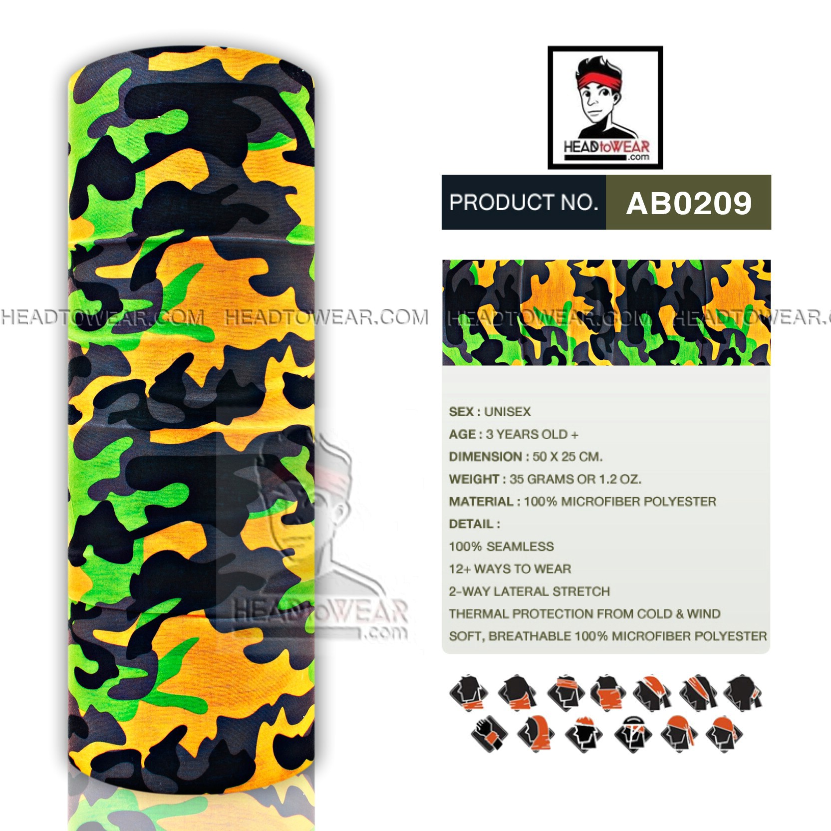 ผ้าบัฟ ผ้าโพกหัว ผ้าคาดผม HeadToWear ลายพรางทหารสีส้ม-ดำ รหัส AB0209