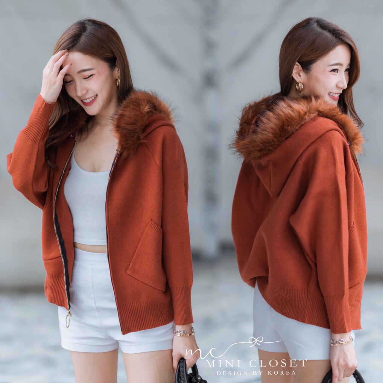 เสื้อมีฮู้ดแต่งขนเฟอร์ ถอดได้ ใส่กันหนาวได้น่ารักด้วย