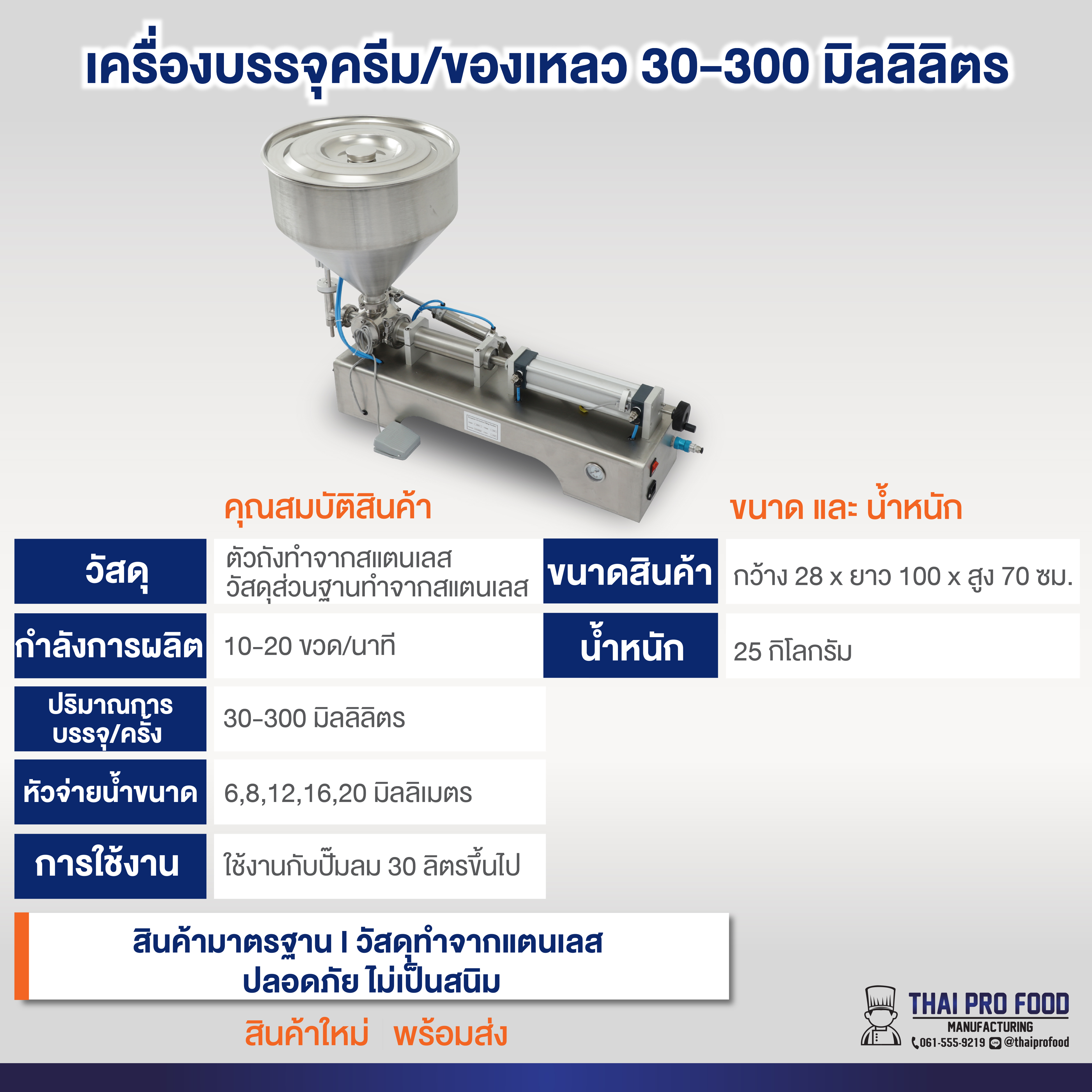 เครื่องบรรจุครีม/ของเหลว 30-300 มิลลิลิตร ระบบปั้มลม (ใช้งานกับปั๊มลม 30 ลิตรขึ้นไป) กดสวิตช์เท้าเหยียบของเหลวออกมาอัตโนมัติ