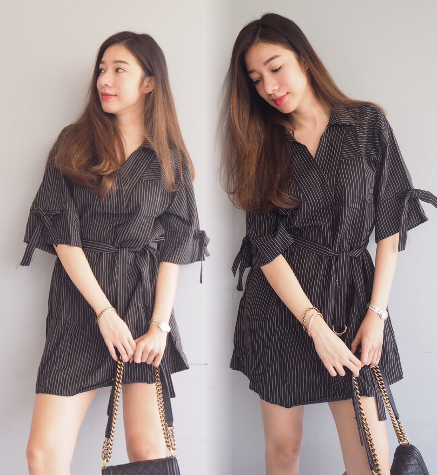 เดรสเชิ้ตทรงเก๋ ผ้าพิมพ์ลายทางในตัว งานเกาหลี style stylenanda ผ้าดีมีน้ำหนักค่ะ มาคู่กับเข็มขัดสามารถผูกได้หลายแบบ ใส่ได้เรื่อยๆค่ะ