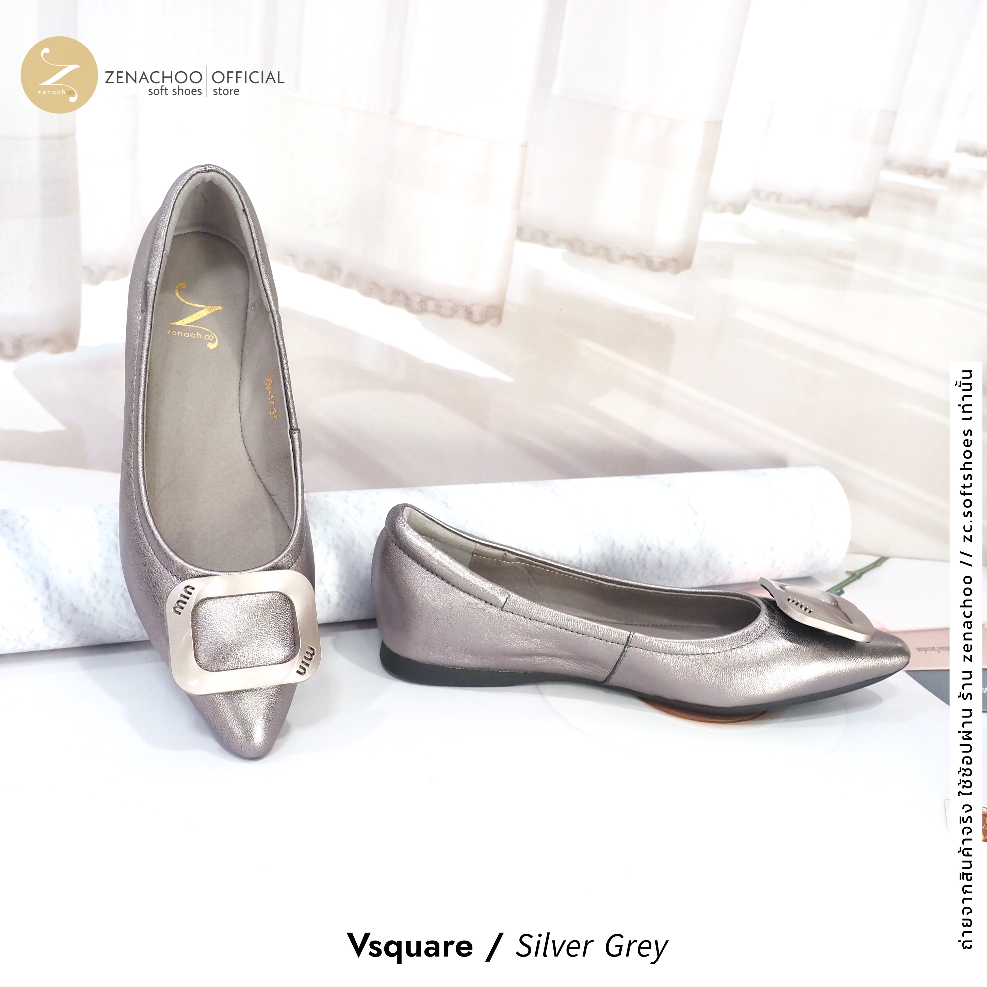 ทรงปกติ เปลี่ยนไซส์ได้-ไม่รับคืน Zenachoo รุ่น Vsquare สูง 1นิ้ว รองเท้าหนังแกะแท้ หนังนิ่ม พื้นนุ่ม