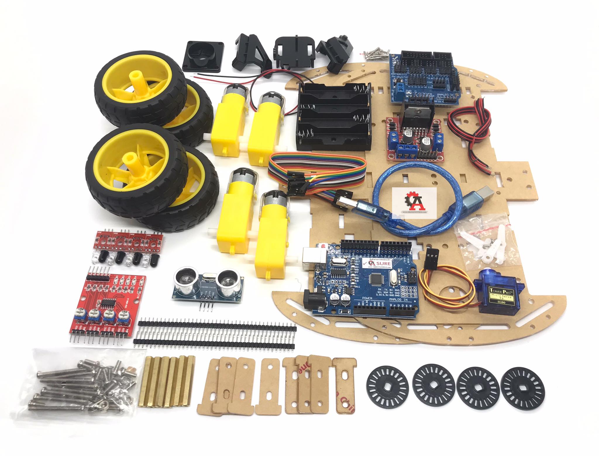 ชุดฝึกหุ่นยนต์พร้อมอุปกรณ์ต่างๆ แบบ 4 ล้อ 4wd Smart car+Sensor Module สต็อกไทยส่งไว
