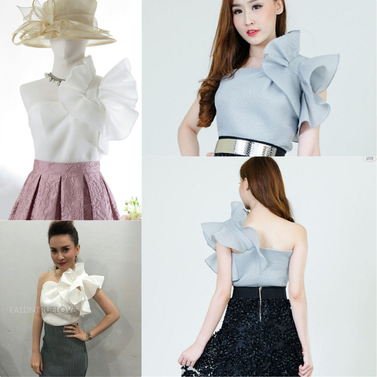 **Best Seller**เสื้อเกาะอกต่อไหล่เบี่ยงแต่งระบายไหล่ฟูอลังการ