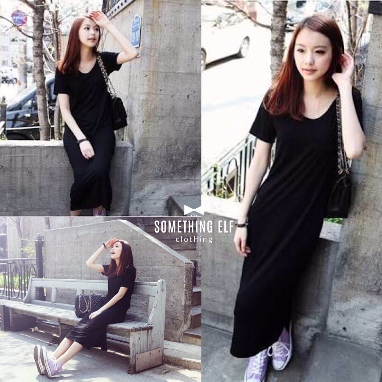 เดรสยาวสีดำ คอกลมแขนสั้น ผ้ายืดสีดำเนื้อนิ่มใส่สบาย มาพร้อมเข็มกลัด Chanel ประดับมุกสวยค่ะ