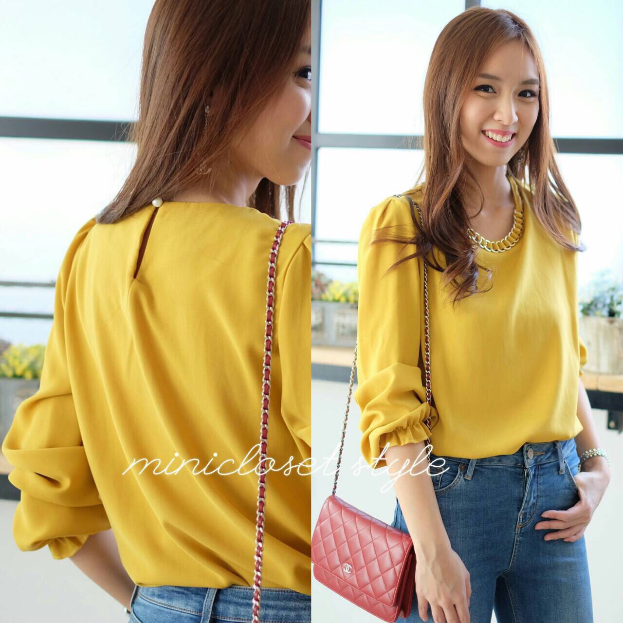 เสื้อคอคว้านยู ตกแต่งอะไหล่ทองเหมือนโซ่สร้อยทอง