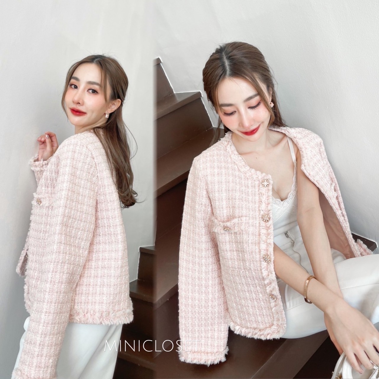 เสื้อทวีตแขนยาว เสื้อคลุมผ้าทวีตสีชมพู สีครีม งานสวยหรู