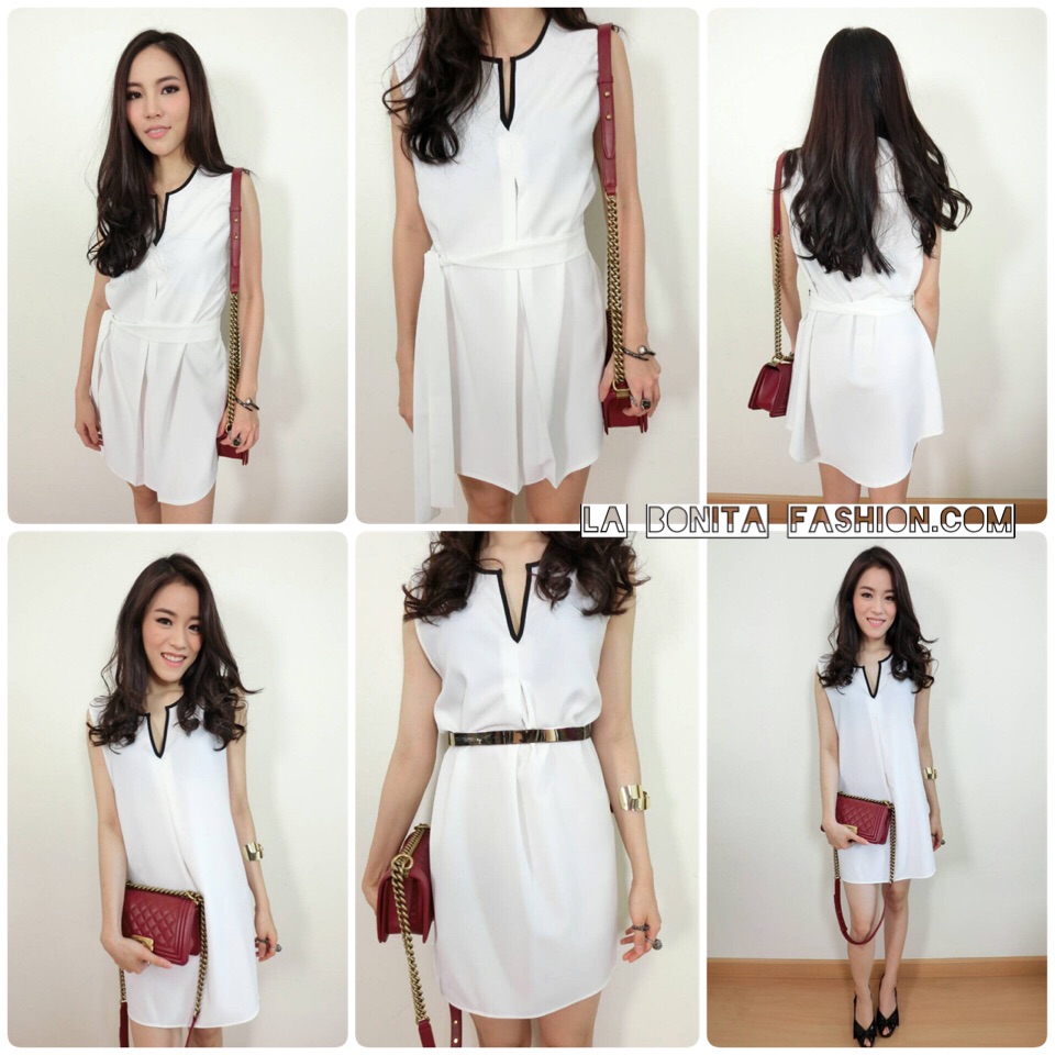 Collins Dress (ONLY @Naked Studio) เดรสสั้นคอวีขลิบดำ หน้าสั้น-หลังยาว มาพร้อมเชือกมัดเอว (ผ้าเดียวกับเดรส)