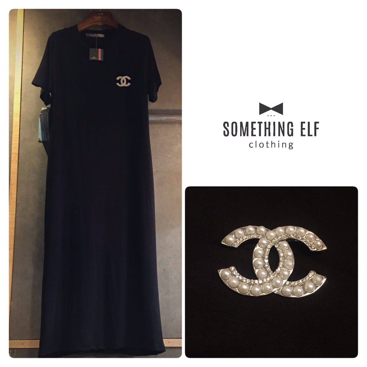เดรสยาวสีดำ คอกลมแขนสั้น ผ้ายืดสีดำเนื้อนิ่มใส่สบาย มาพร้อมเข็มกลัด Chanel ประดับมุกสวยค่ะ