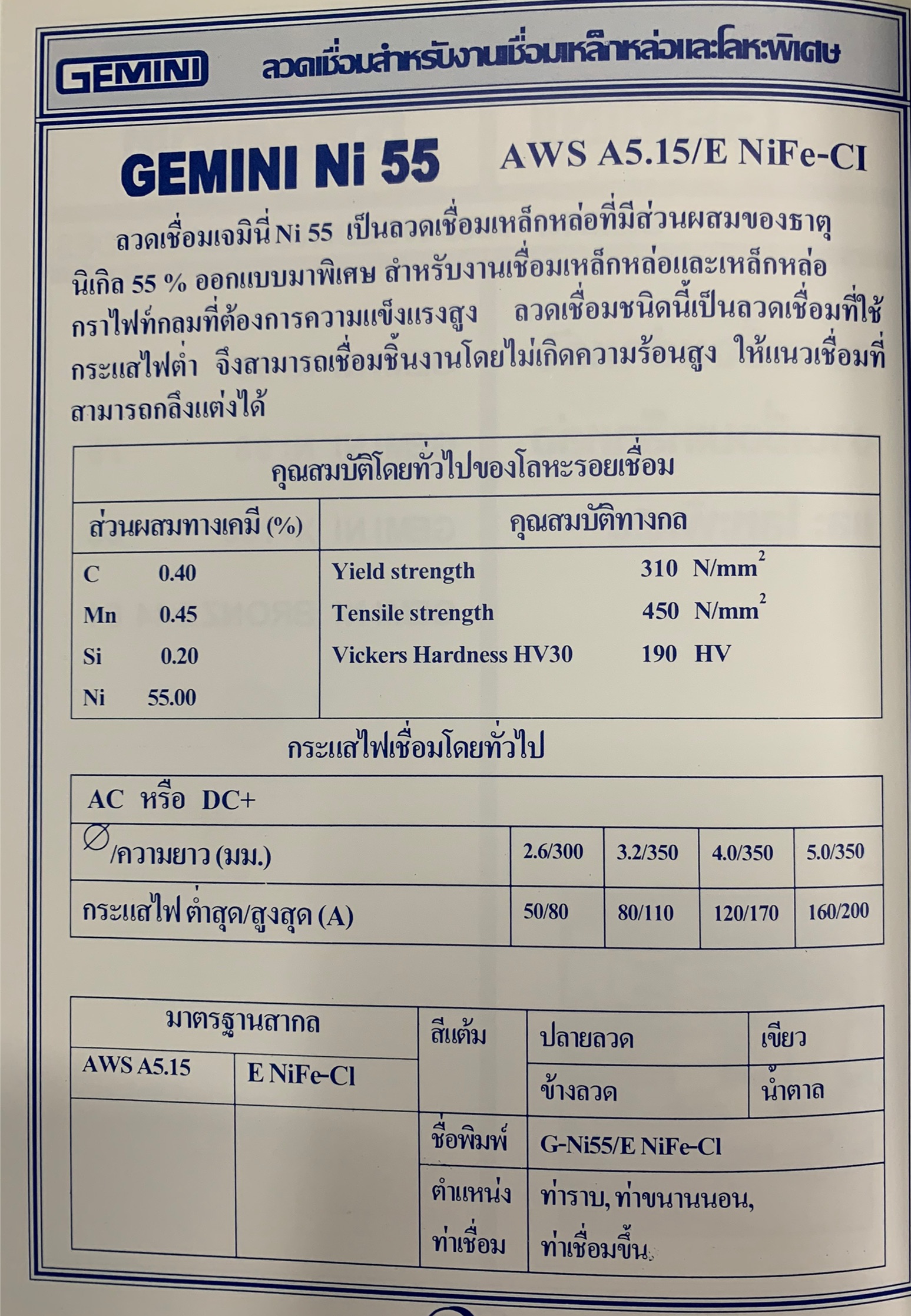 ลวดเชื่อมเหล็กหล่อ GEMINI Ni 98 ( 1 กก.)