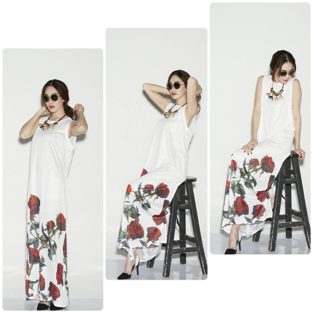 เดรสยาวแขนกุด ผ้าปริ้นลายดอกกุหลาบสีแดง ผ้าเบาใส่สบายไม่ร้อนค่ะ