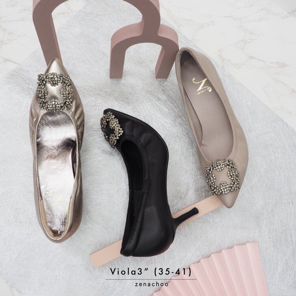 ทรงปกติ เปลี่ยนไซส์ได้ ไม่รับคืน Zenachoo รุ่น Viola3 สี Black สูง 3 นิ้ว หนังแกะแท้ หัวแหลมทรงสวย