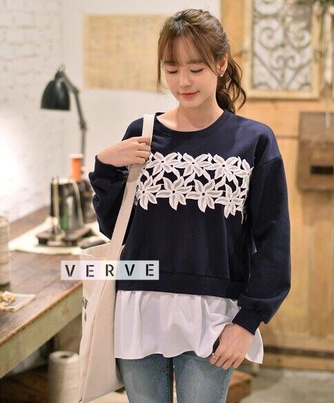 Sweater ชายระบาย อกคาดลูกไม้ ใส่หวานๆสไตล์เกาหลี น่ารักสุดๆ สีกรม