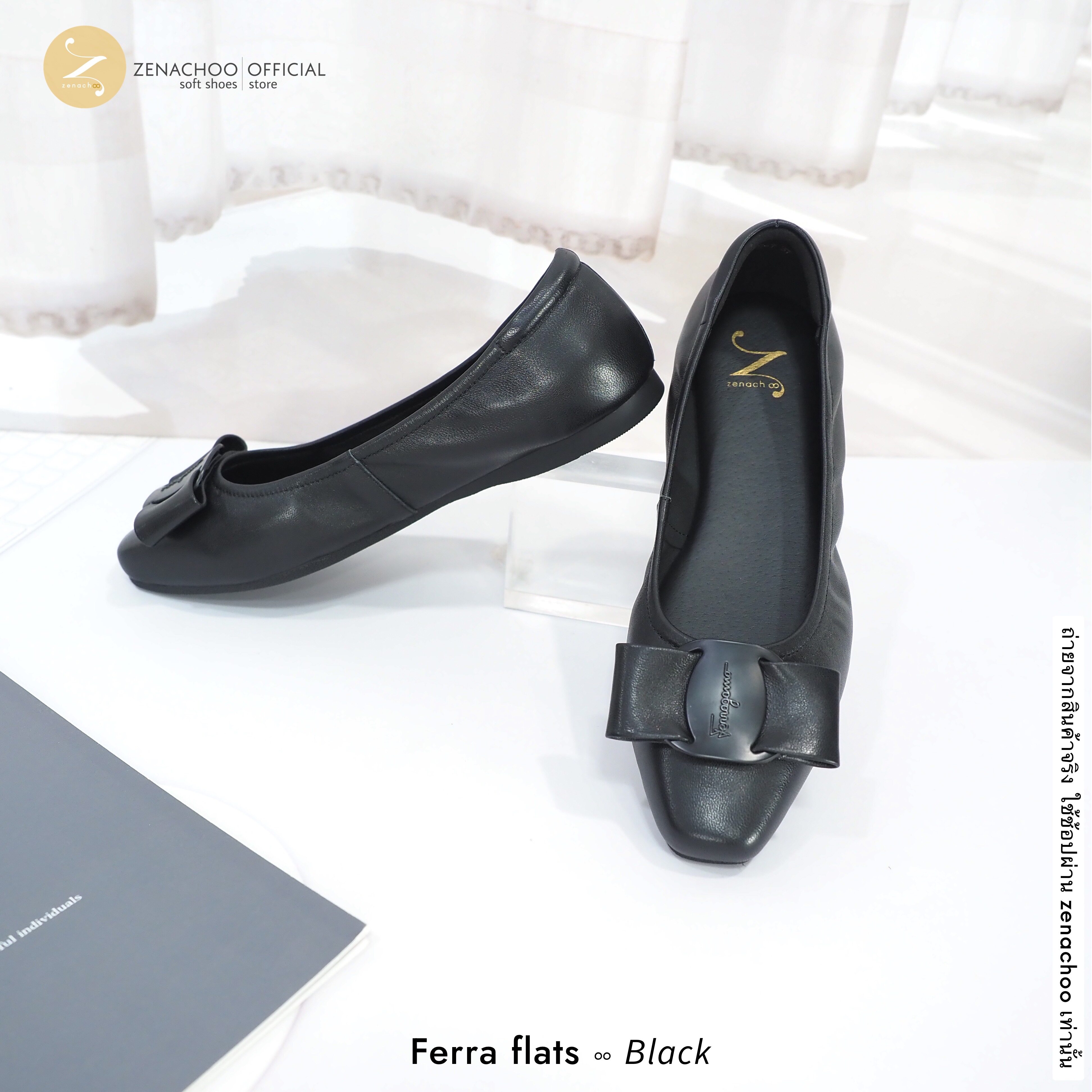 ทรงปกติ เปลี่ยนไซส์ได้-ไม่รับคืน Zenachoo รุ่น Ferra Flats สูง 0.8 นิ้ว รองเท้าหนังแกะแท้ หนังนิ่ม พื้นนุ่ม
