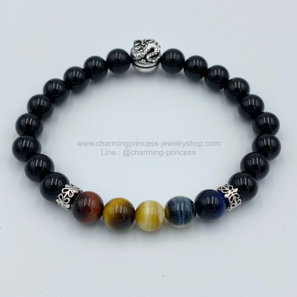 5 พยัคฆราช Tiger Eye Multi Colors & Black Onyx หินตาเสือครบทุกสี และ โอนิกซ์ 8 มม แก้ปีชง พลิกฟื้นดวงชะตา แคล้วคลาดปลอดภัย หินแก้ปีชง ประดับตัวคั่นมังกรเงินแท้ เป็นสัญลักษณ์แห่ง พลัง อำนาจ ความยิ่งใหญ่ และ เสริมดวงด้านการงานการเงิน การงาน