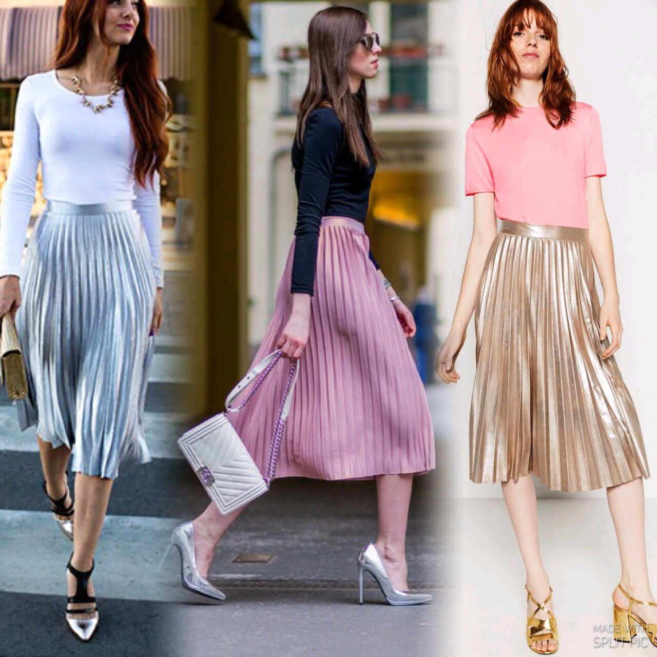 กระโปรงพลีทผ้าไหมเครปซาตินเนื้อดีทรงตรงความยาว 4 ส่วน เป็นกระโปรงทรงเอวสูง ชายกระโปรงยาวเสมอกัน แต่งซิปโลหะสีทองด้านข้าง เหมาะสำหรับใส่ออกงานได้ทั้งงานเช้า มี3 สีสวย