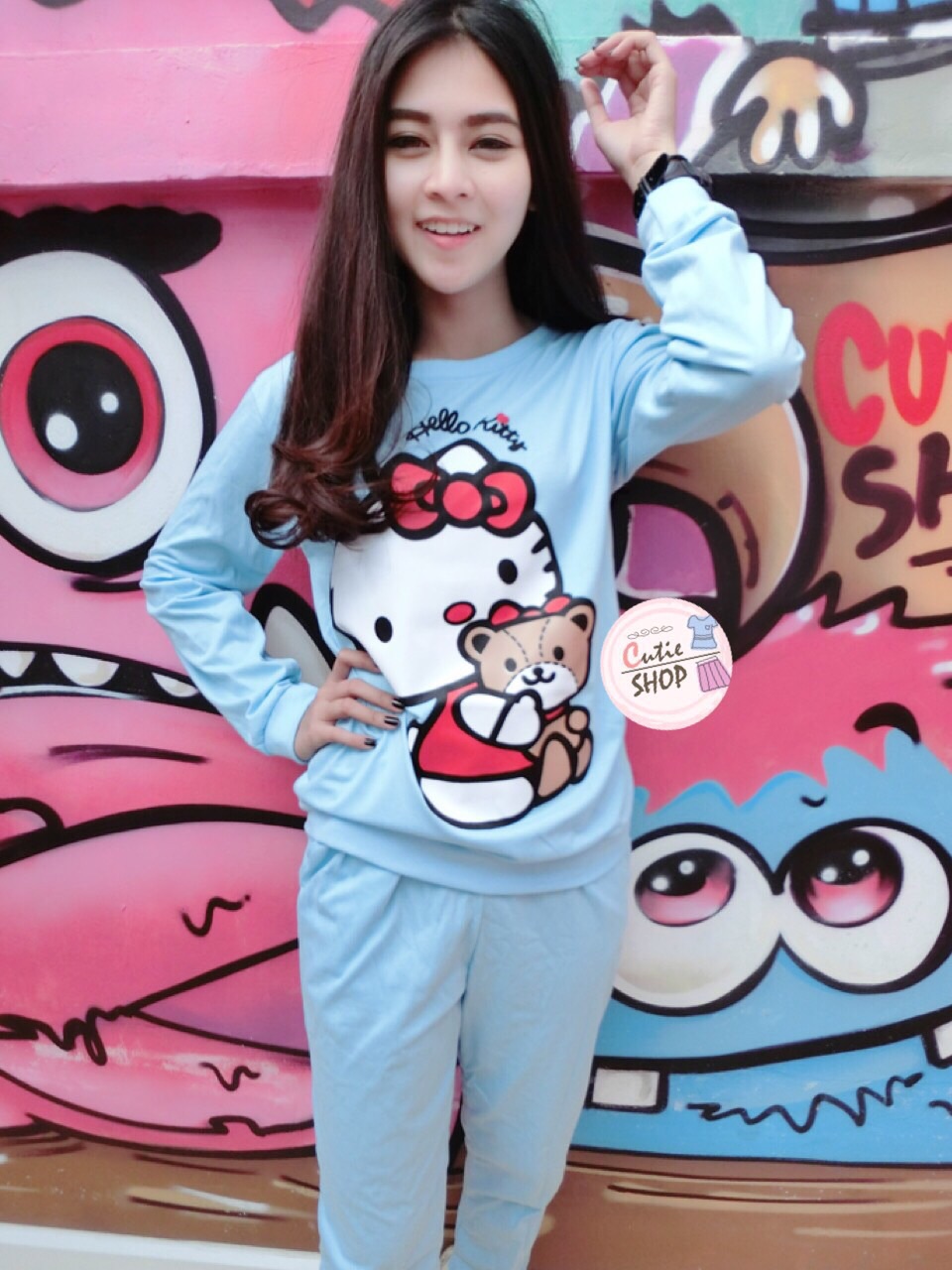 งานเซทเสื้อแขนยาวกับกางเกงขายาว สกรีน hello kitty