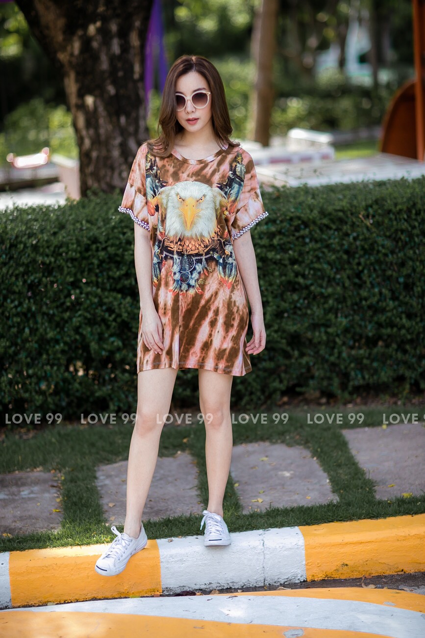 เดรสผ้ายืดมัดย้อมลายนกอินทรีย์