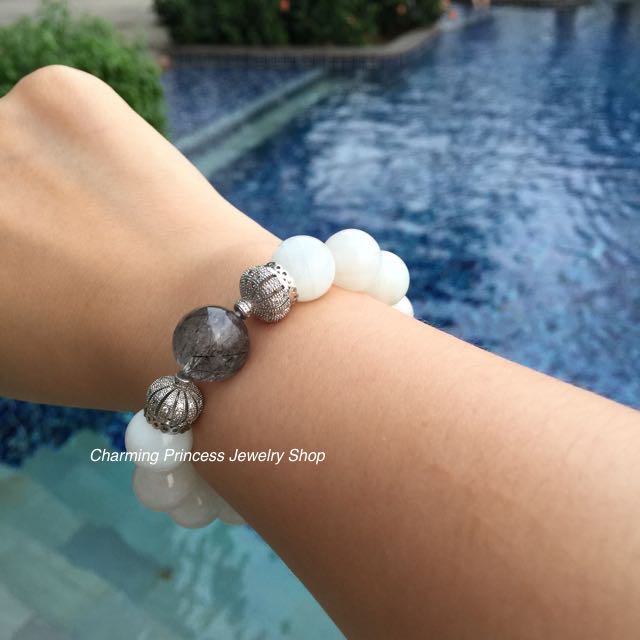 Rutilated Quartz Black ไหมดำ หรือ แก้วขนเหล็ก 13 มม Moonstone มูนสโตน 12 มม บันดาลความเจริญรุ่งเรือง แคล้วคลาดปลอดภัย ประดับ CZ รูปมงกุฎสวยสง่า