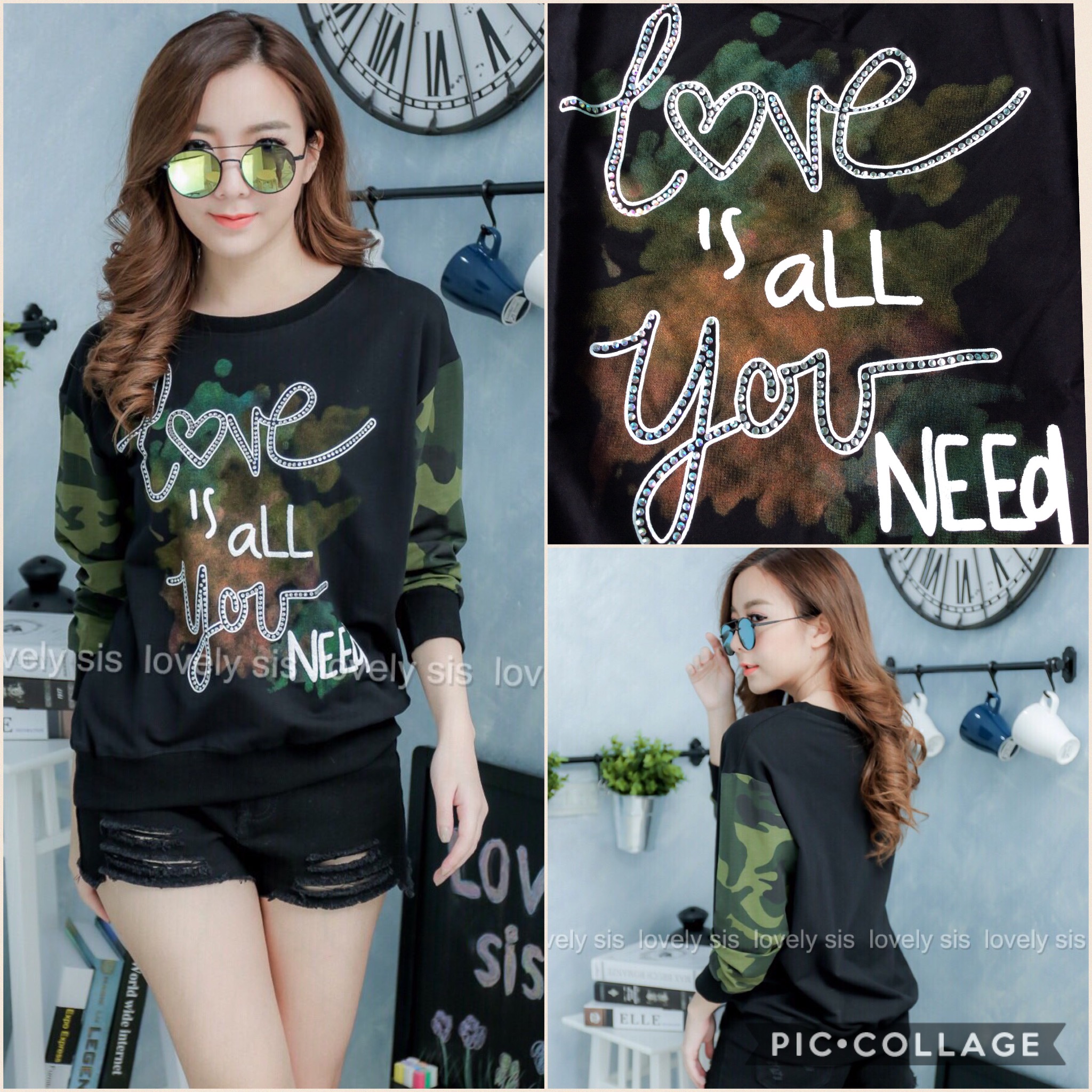 เสื้อจั้มเปอร์ต่อแขนยาวลายทหาร สกรีนรีดเพชร Love ผ้าดี๊ดี ไม่หนาค่า ใส่ได้สบาย งานดีมากมาย สวยมาก การันตรี สวยเท่ห์ไม่ซ้ำ ดีงาม