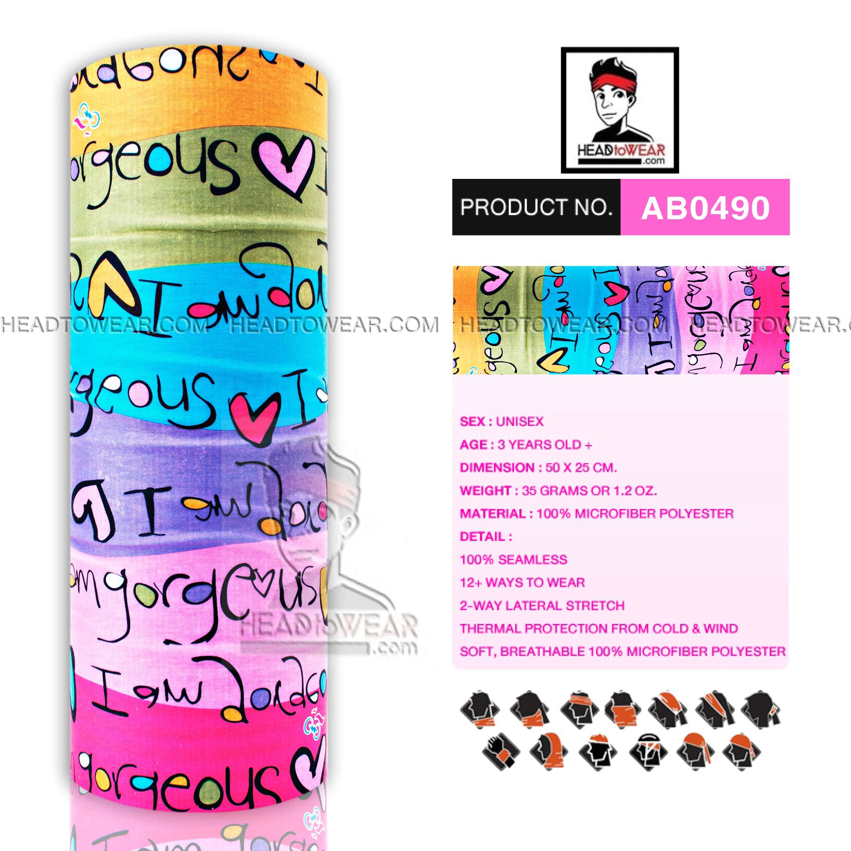 ผ้าบัฟ ผ้าโพกหัว ผ้าคาดผม HeadToWear ลายหัวใจสีรุ้ง Rainbow Heart รหัส AB0490