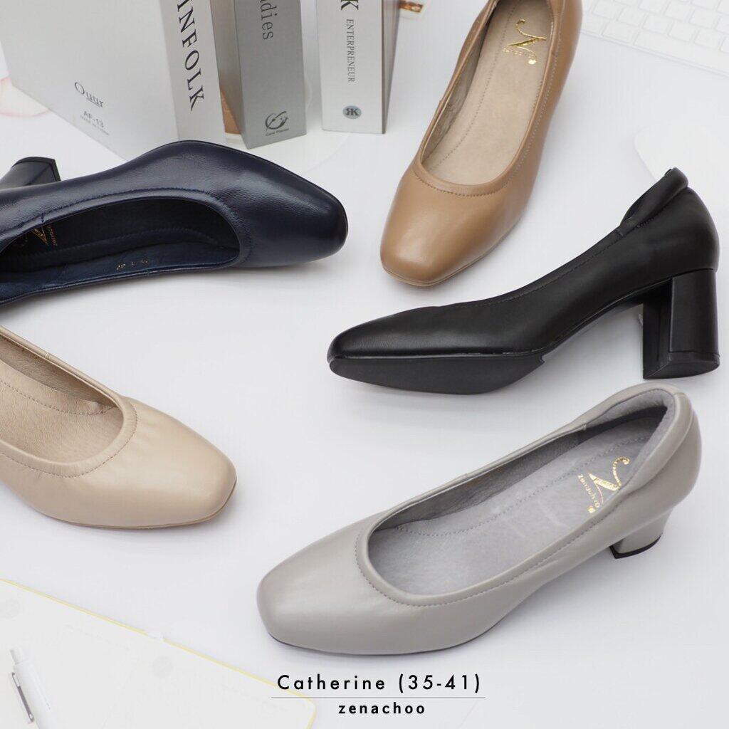 ทรงปกติ สินค้าลดราคา ไม่รับเปลี่ยน-คืน Zenachoo รุ่นขายดี Catherine สูง 2 นิ้ว รองเท้าส้นสูงหัวตัด หนังแกะแท้