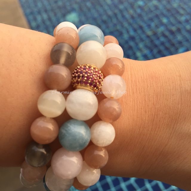 Aquamarine Moonstone Rose Quartz Madagascar อความารีน มูนสโตน โรสควอทซ์ มาดากัสการ์ 10 มม ประดับพลอยสีทับทิม แทนความรักและความห่วงใย