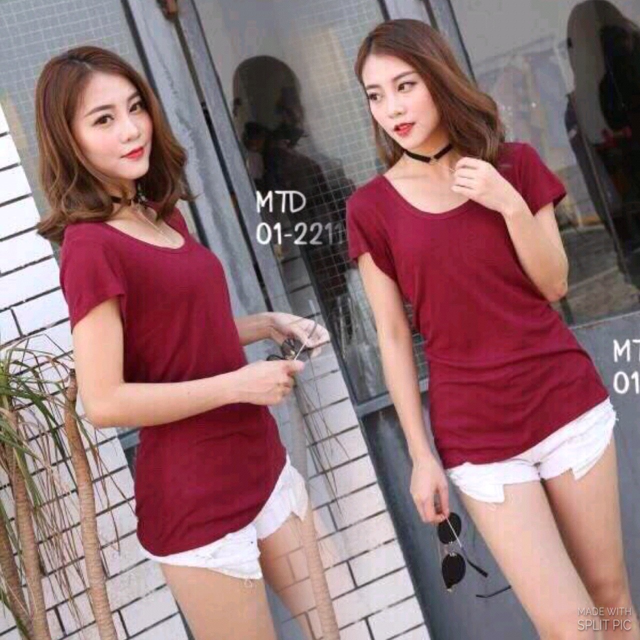 เสื้อยืดแต่งคอกลมปาด เนื้อผ้ายืดอย่างดี มีลาย texture ในตัว