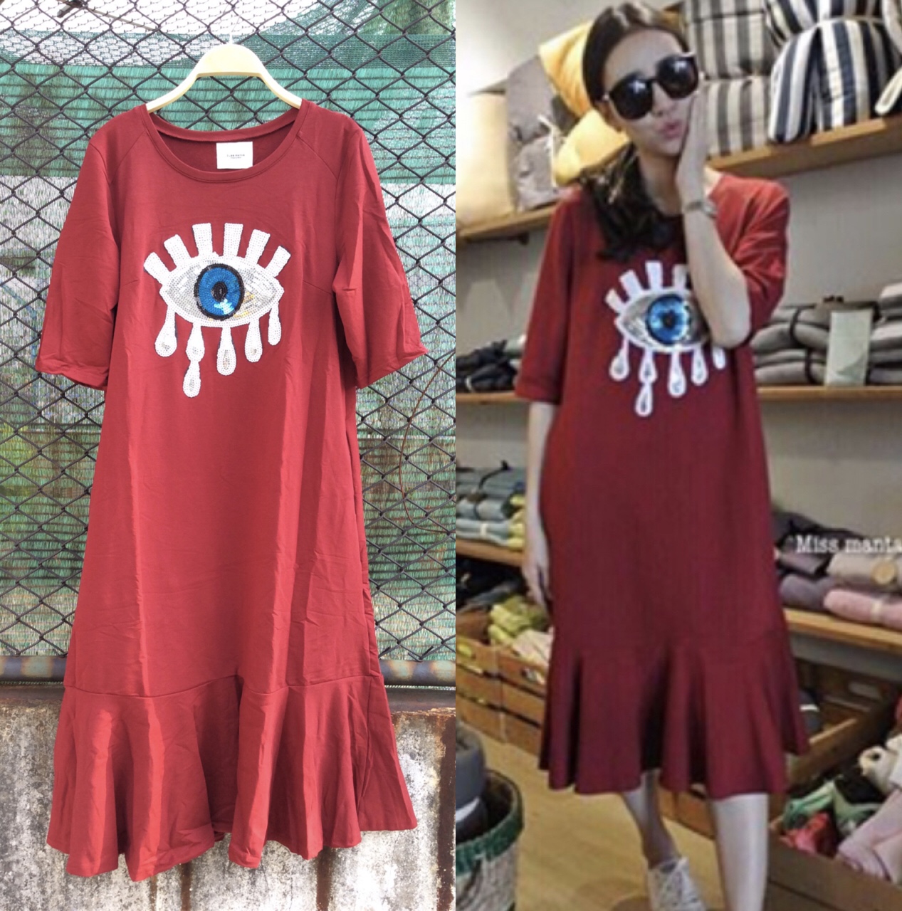 ส่งฟรี!! เดรสยาว เดรสสีแดง เดรสยาวปลายระบาย