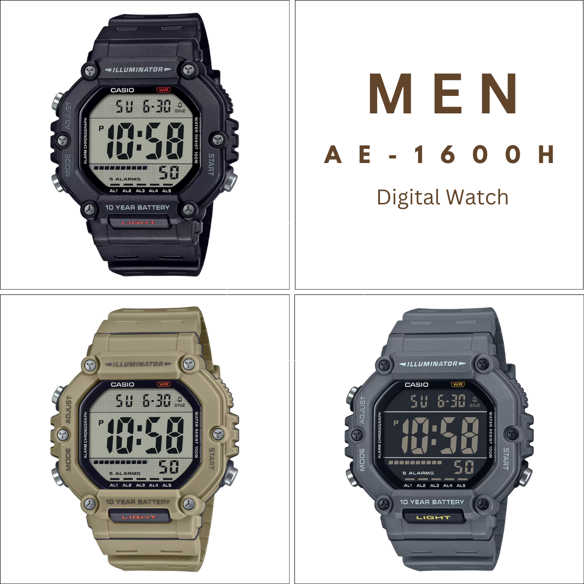นาฬิกาข้อมือผู้ชาย คาสิโอ Casio Digital Men AE-1600H Series AE-1600H-1A | AE-1600H-5A | AE-1600H-8B