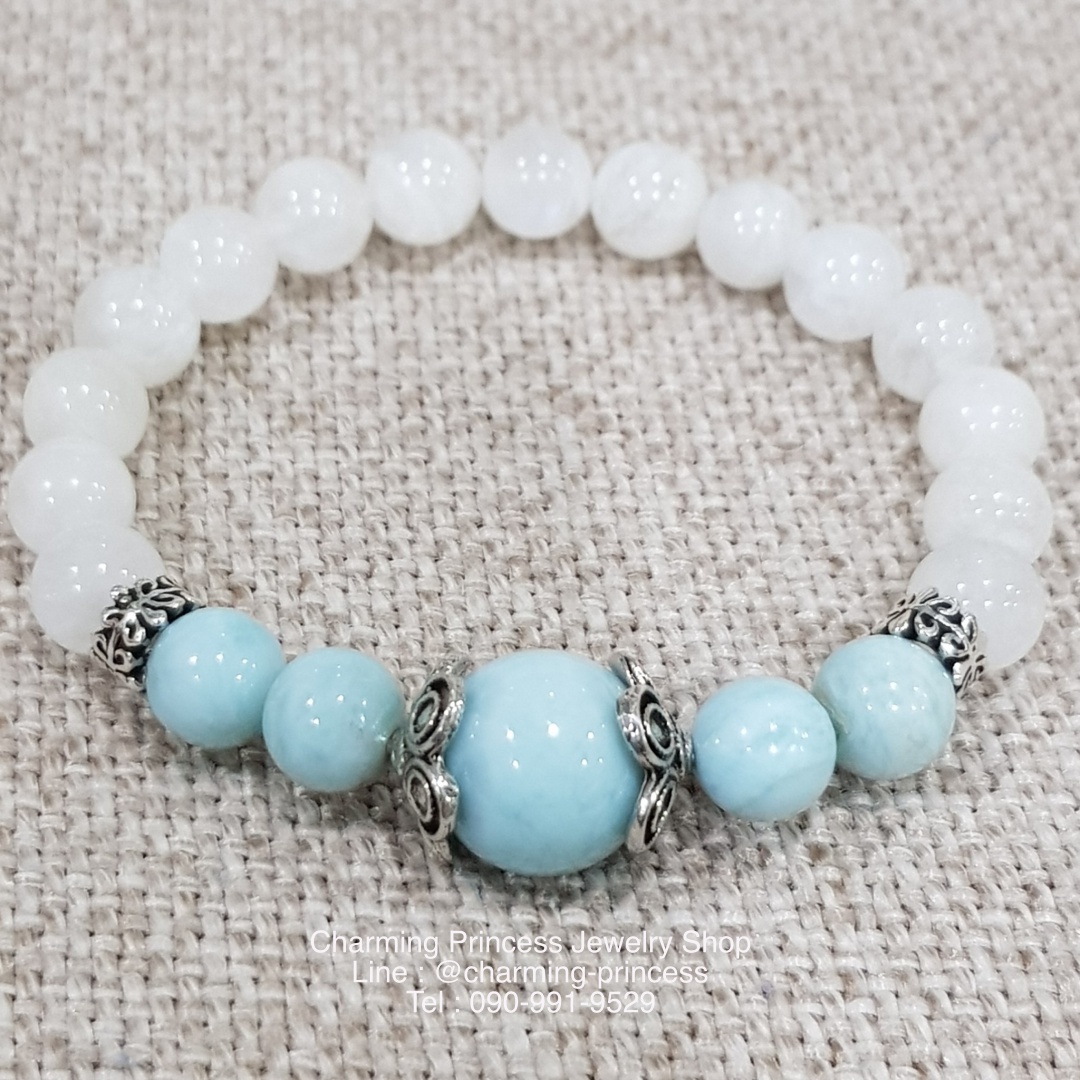 Larimar 12, 8 mm Moonstone 8 mm, ลาริมาร์ มูนสโตน ประดับดอกไม้เงินแท้