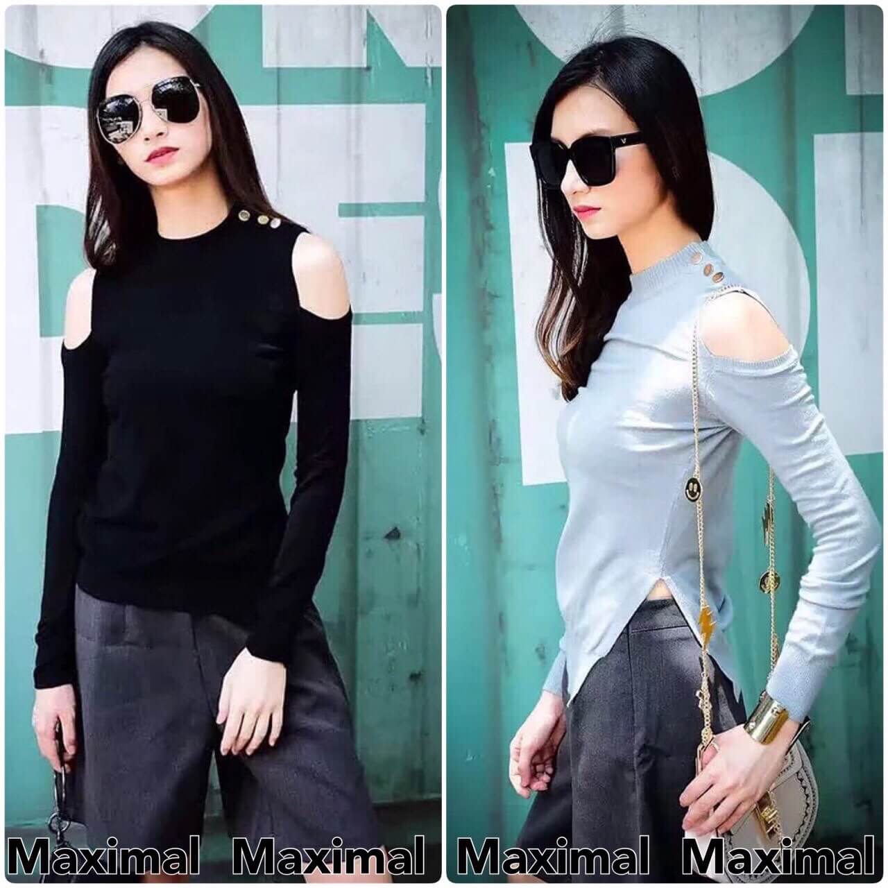 Valentinoเสื้อนิตติ้งแขนยาวเว้าหัวไหล่แต่งกระดุมเงิน