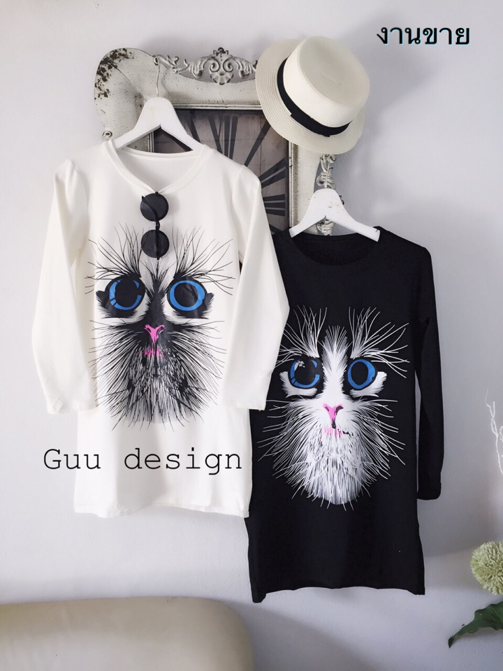 CAT (cat) เดรสเกาหลีลายแมวเหมียว ผ้ายืดคอตตอนเนื้อหนานุ่ม ดีไซน์น่ารัก