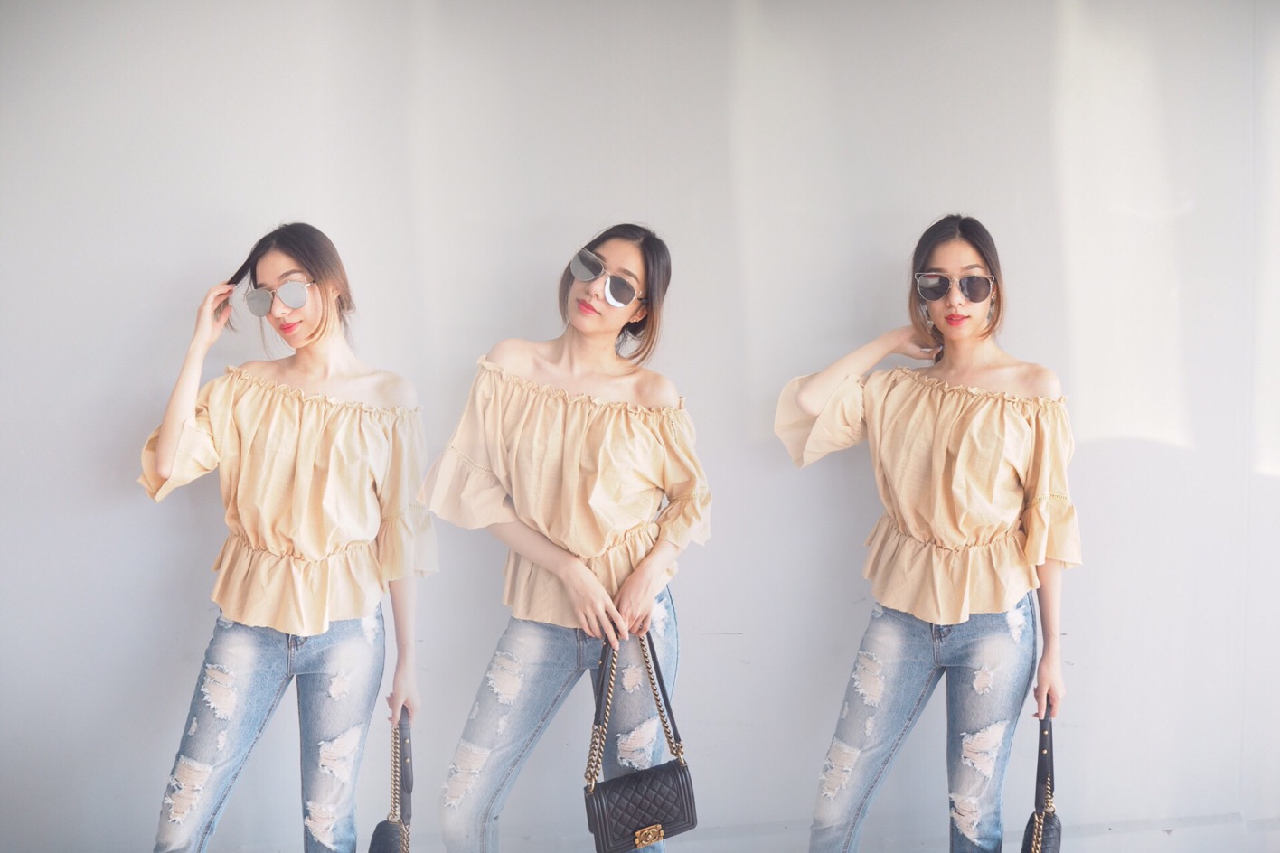 เสื้อปาดไหล่ ระบายช่วงเอวพองๆน่ารักมากก ช่วงแขนมีเล่นลูกเล่นรอบแขน ปลายแขนระบายออก สีครีม ผ้าดี