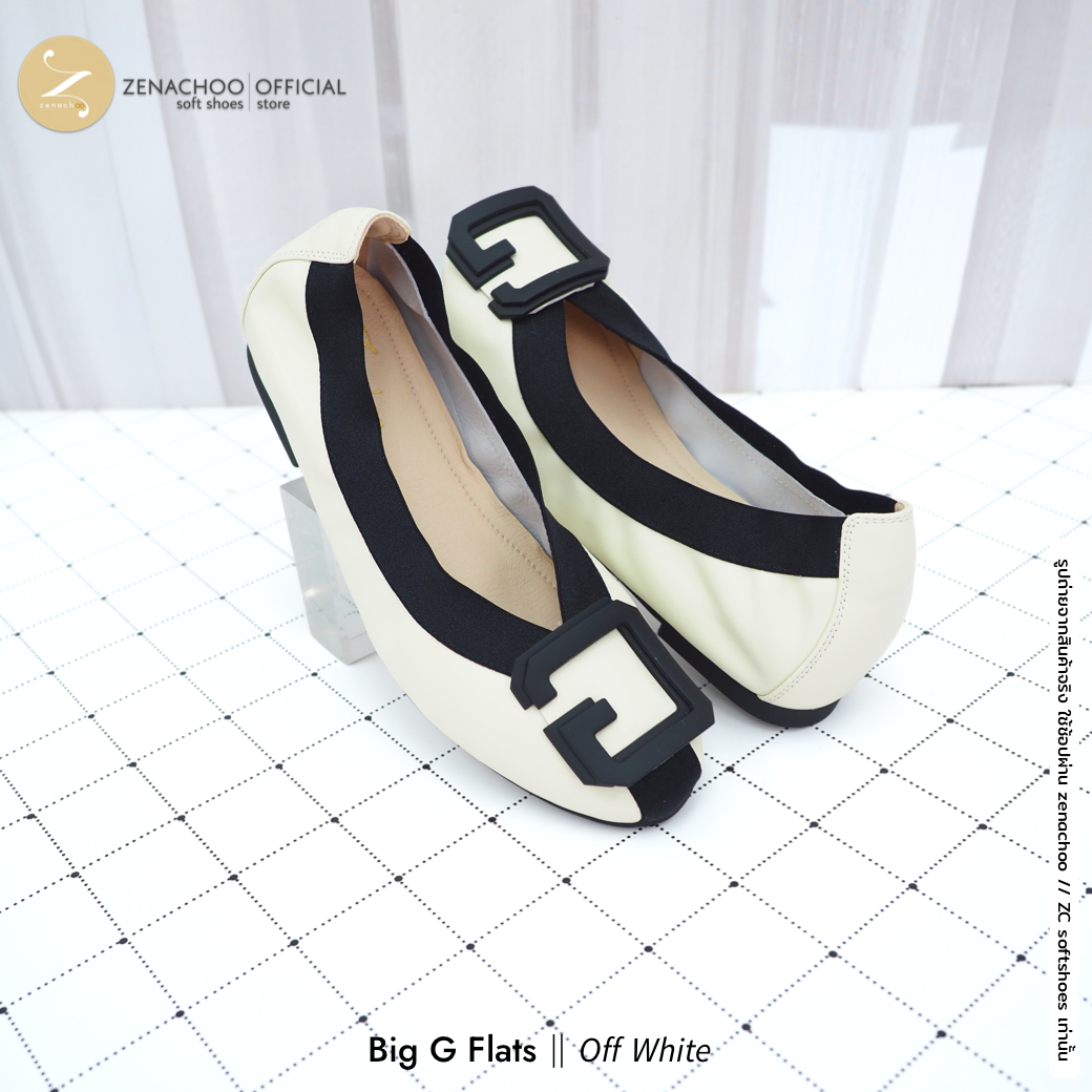 ทรงปกติ เปลี่ยนไซส์ได้-ไม่รับคืน นิ่มตะลึง ท้าให้ลอง Zenachoo Big G flats สูง 1 นิ้ว รองเท้าหนังแกะแท้ หัวมน ใส่สบายมาก