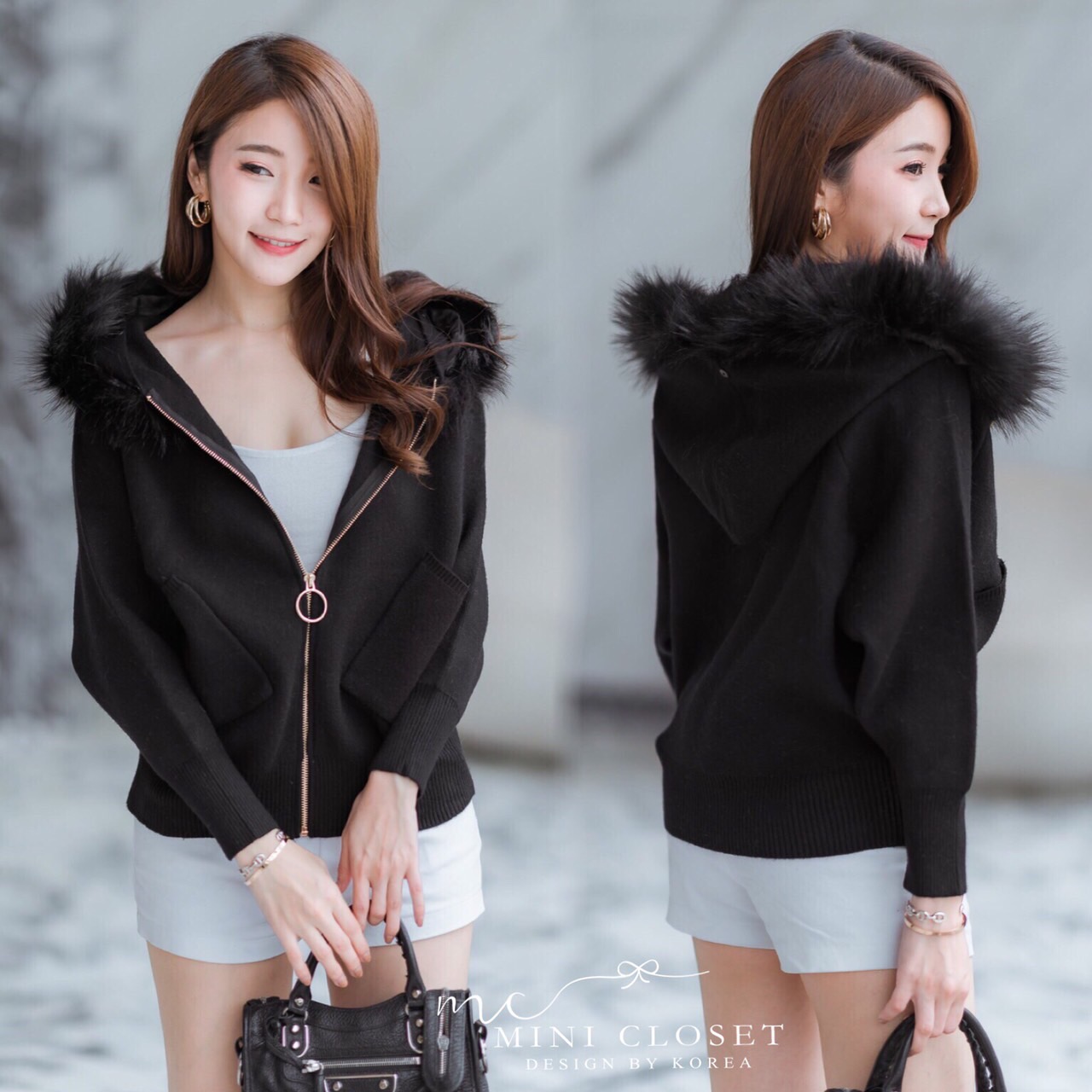 เสื้อมีฮู้ดแต่งขนเฟอร์ ถอดได้ ใส่กันหนาวได้น่ารักด้วย