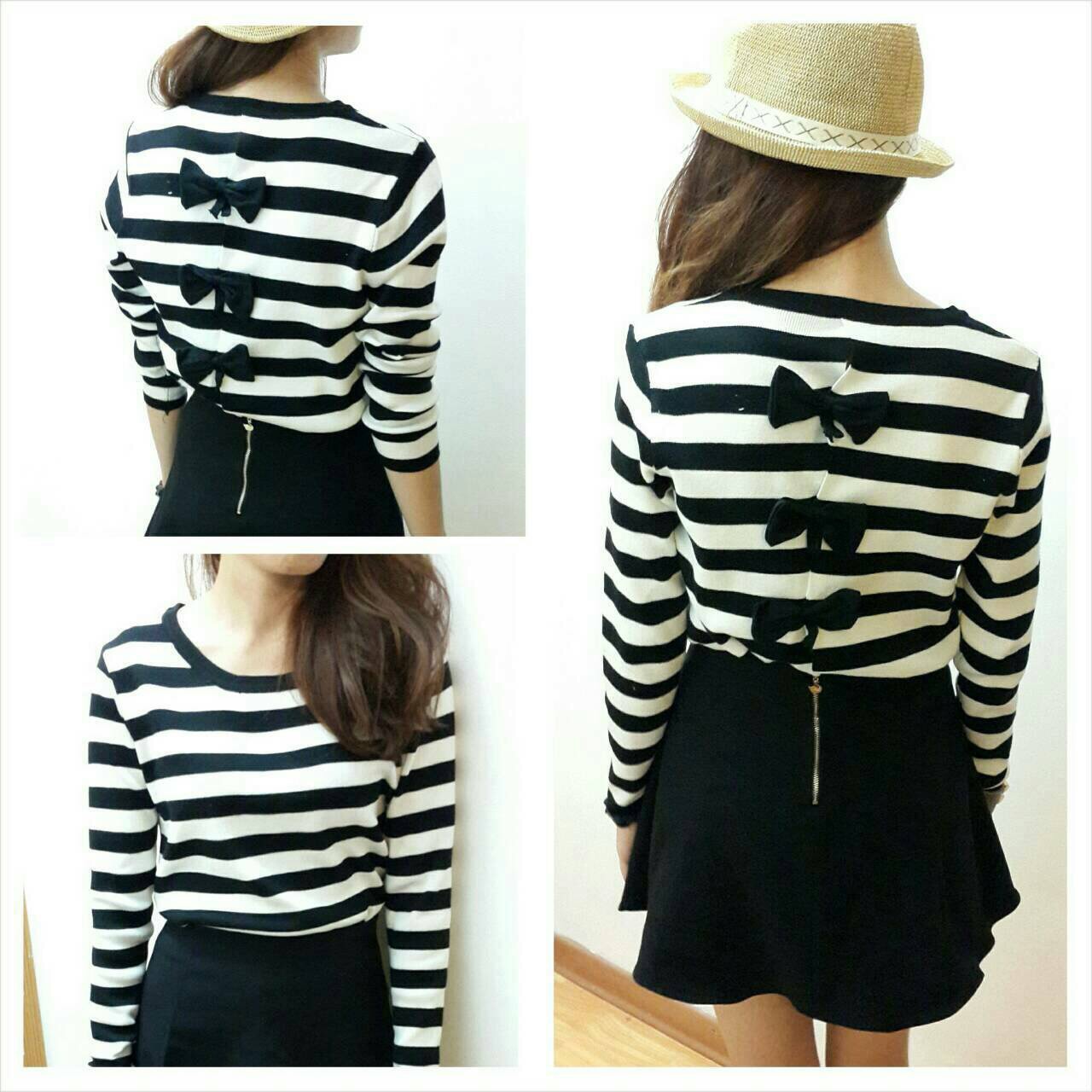 กลับมาตามคำเรียกร้อง !!! ไหมพรมลายขวาง เนื้อผ้านุ่ม ใส่สบาย ออกแบบน่ารักมาก ๆ ด้วยงานติดโบว์ด้านหลัง แมชกับ item