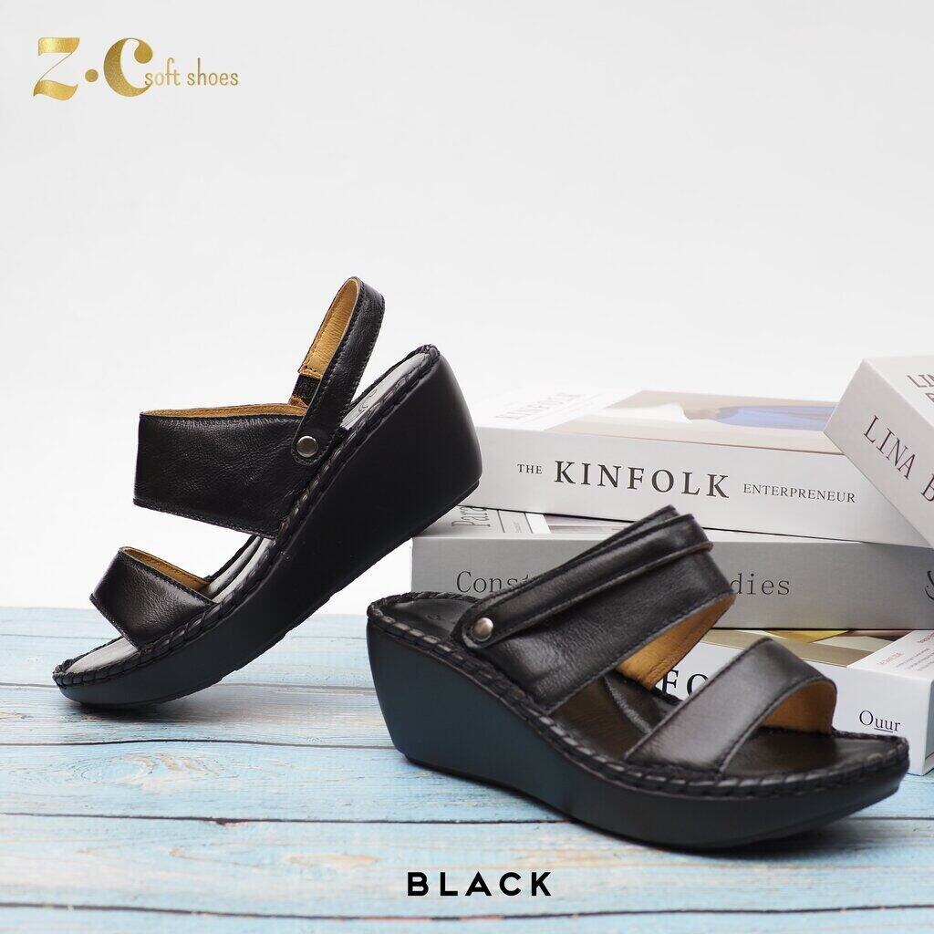 ทรงปกติ เปลี่ยนไซส์ได้ ไม่รับคืน Zenachoo รองเท้าสุขภาพ หนังแท้ทั้งคู่ รุ่น Light step สูง 2 นิ้วครึ่ง ปรับสายได้ รับประกันความนุ่มสบาย