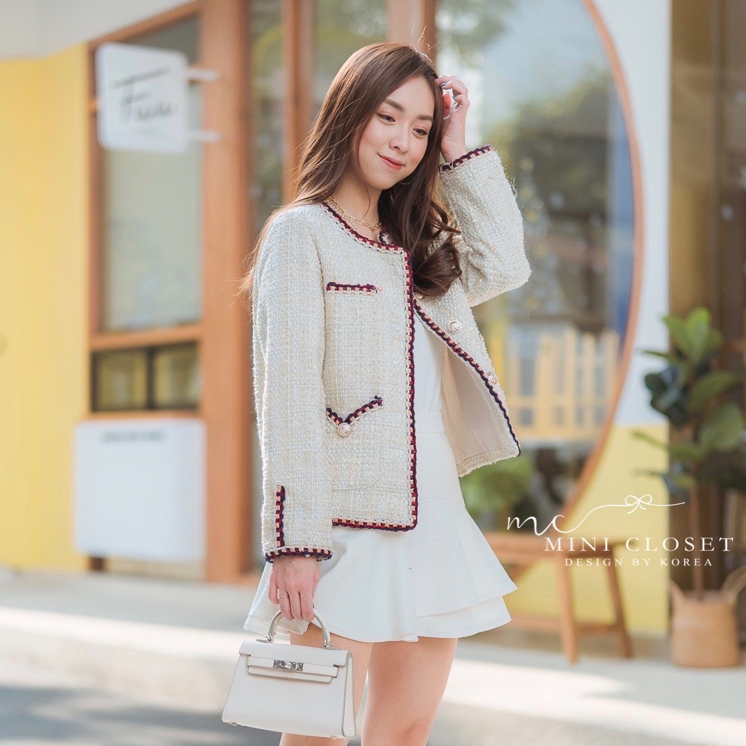 เสื้อทวิตแขนยาวสีครีม เสื้อคลุมสวยๆสไตล์เกาหลี