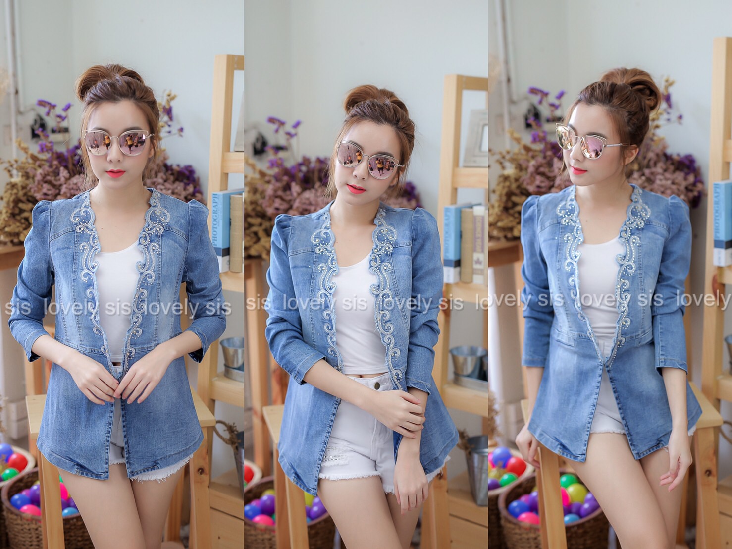 Blazer ยีนส์แขนยาว ดีไซน์ขอบหยักช่วงปก แต่งประดับเพชรคริสตัลวิ้งวับ