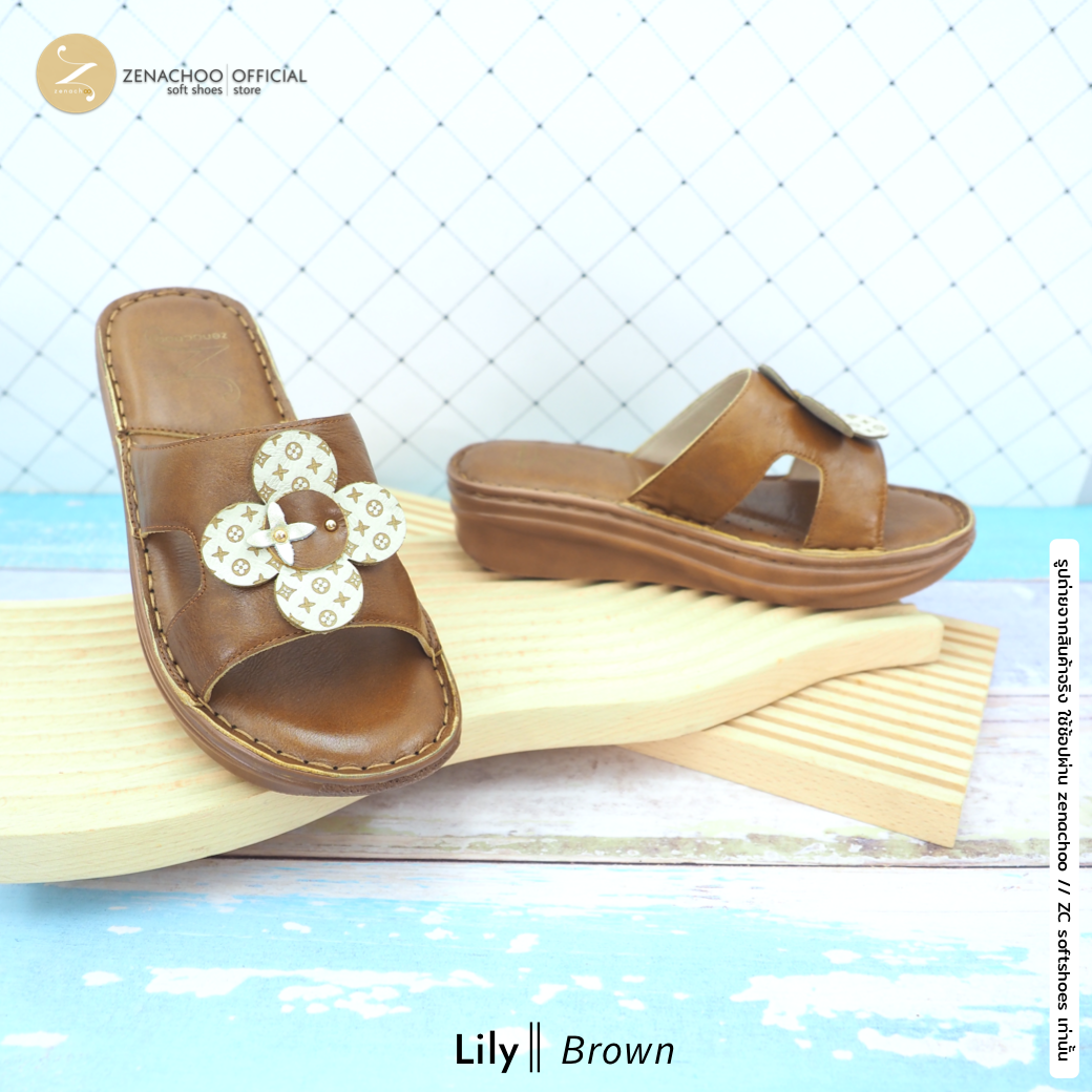 ทรงปกติ เปลี่ยนไซส์ได้-ไม่รับคืน Zenachoo รองเท้าสุขภาพ หนังแท้ทั้งคู่ รุ่น Lily สูง 1.5 นิ้ว หน้าสวม รับประกันความนุ่มสบาย