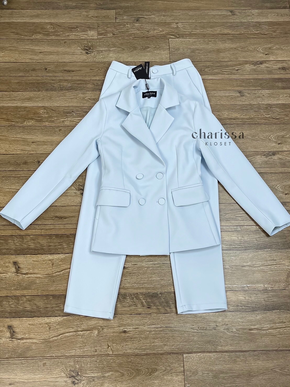 ชุดสูทผู้หญิง เซตสูทขายาวผู้หญิง ชุดสูทสีฟ้า