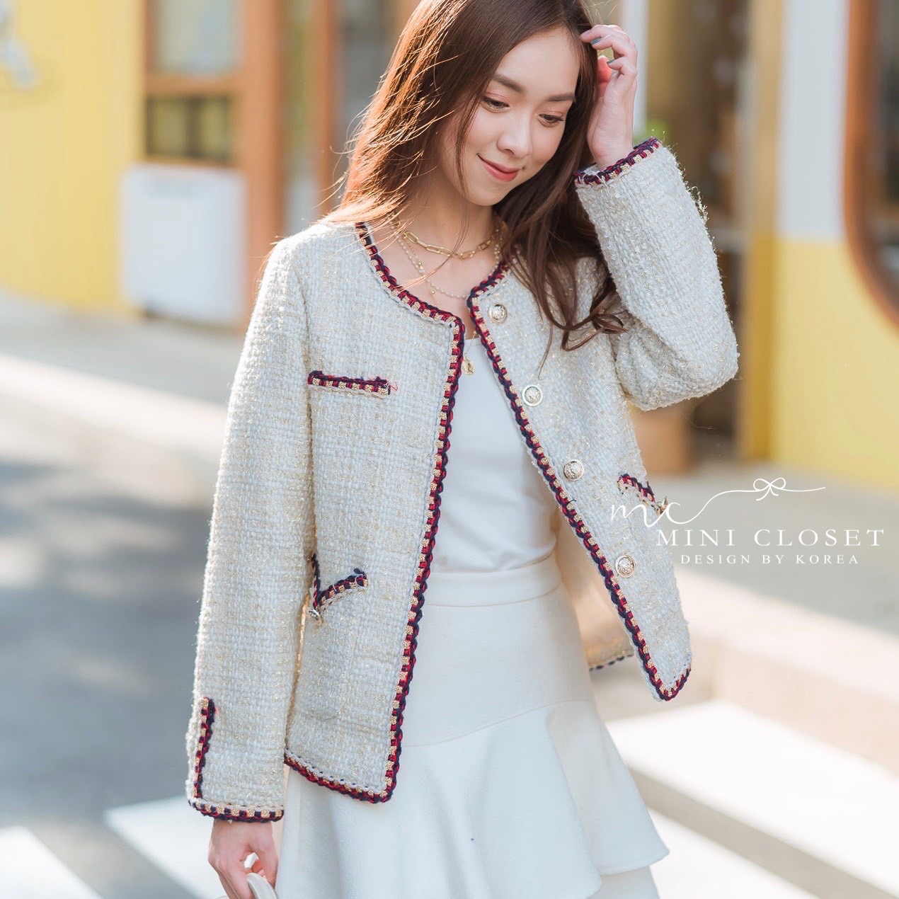 เสื้อทวิตแขนยาวสีครีม เสื้อคลุมสวยๆสไตล์เกาหลี