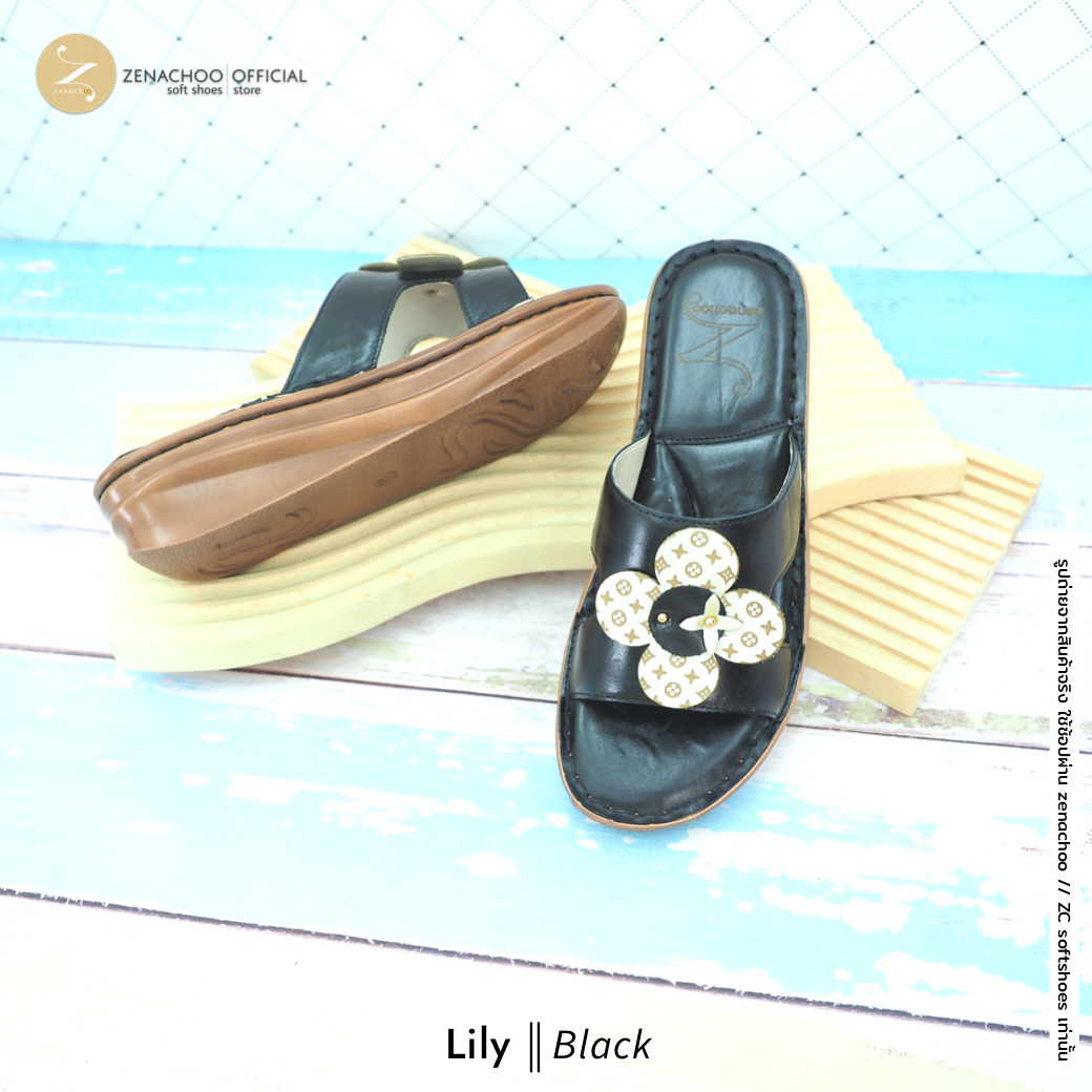 ทรงปกติ เปลี่ยนไซส์ได้-ไม่รับคืน Zenachoo รองเท้าสุขภาพ หนังแท้ทั้งคู่ รุ่น Lily สูง 1.5 นิ้ว หน้าสวม รับประกันความนุ่มสบาย