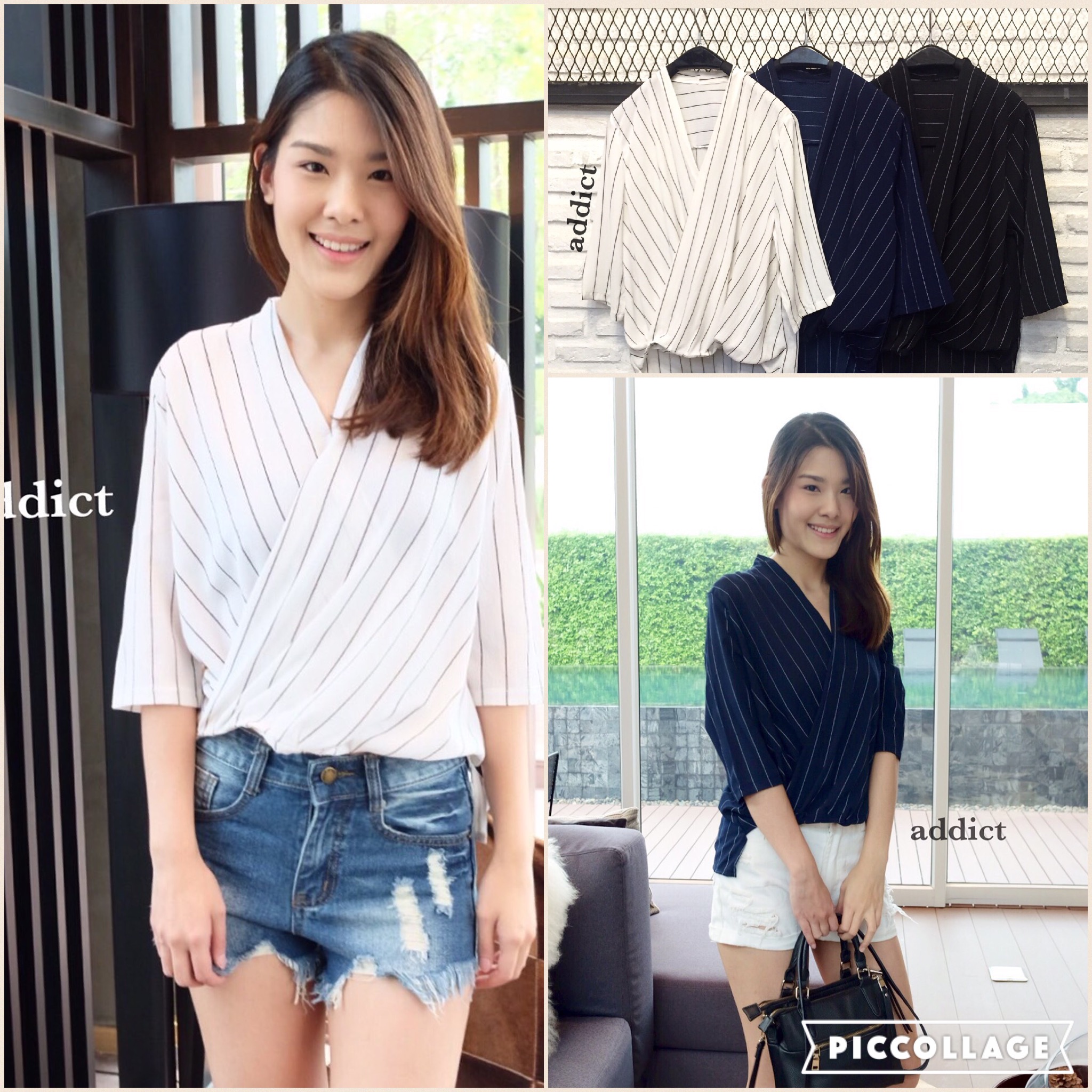 เสื้อคอวีลายทาง ทรงไขว้หน้า หน้าสั้นหลังยาว