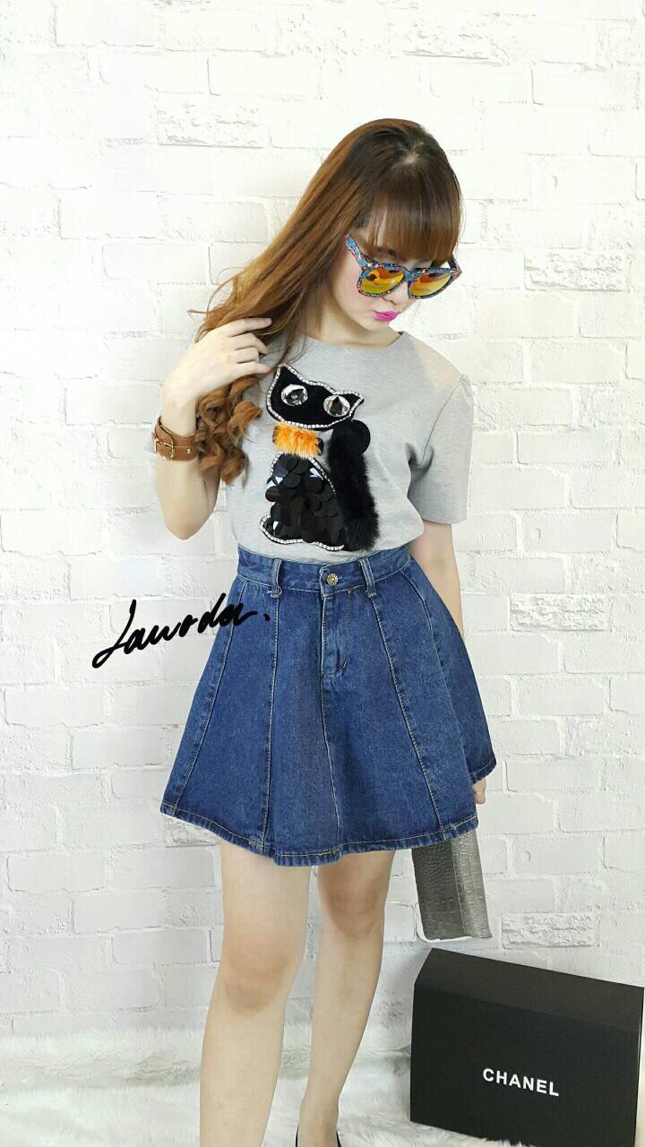 Skirt Jean Denim กระโปรงยีนส์กระดุมหน้า งานตัดต่อด้วยผ้า 9 ชิ้น ทำให้ pattern ออกมาน่ารักมาก ๆ