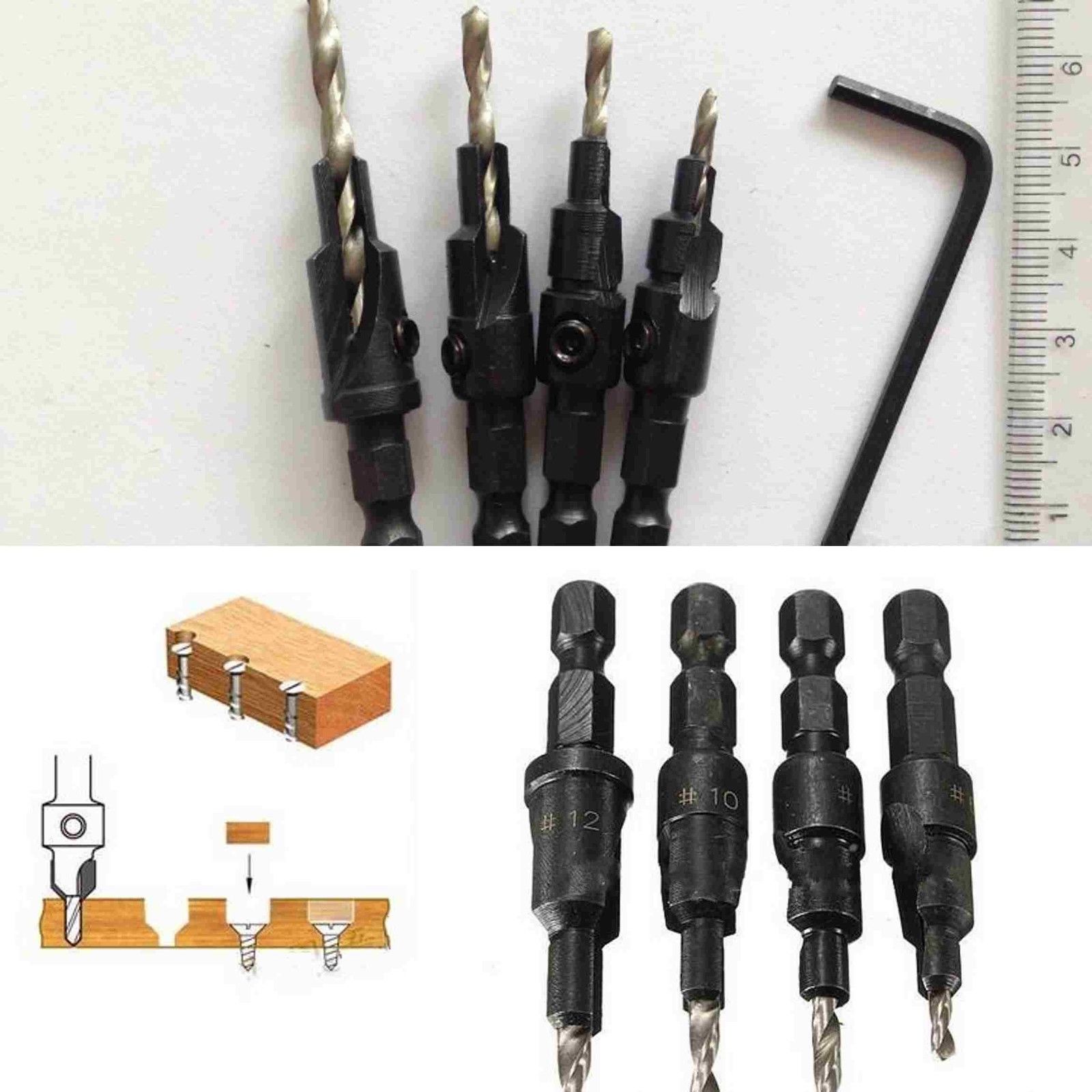 DT01 ดอกเจาะไม้ คว้านรูแบบมี Taper สำหรับให้สกรูที่เราเจาะ หลบในเนื้อไม้ ชุดเหล็ก 4 เบอร์ ยกชุด 4 ดอก พร้อมอลันคี ไว้ไขเปลี่ยนดอกสว่านได้
